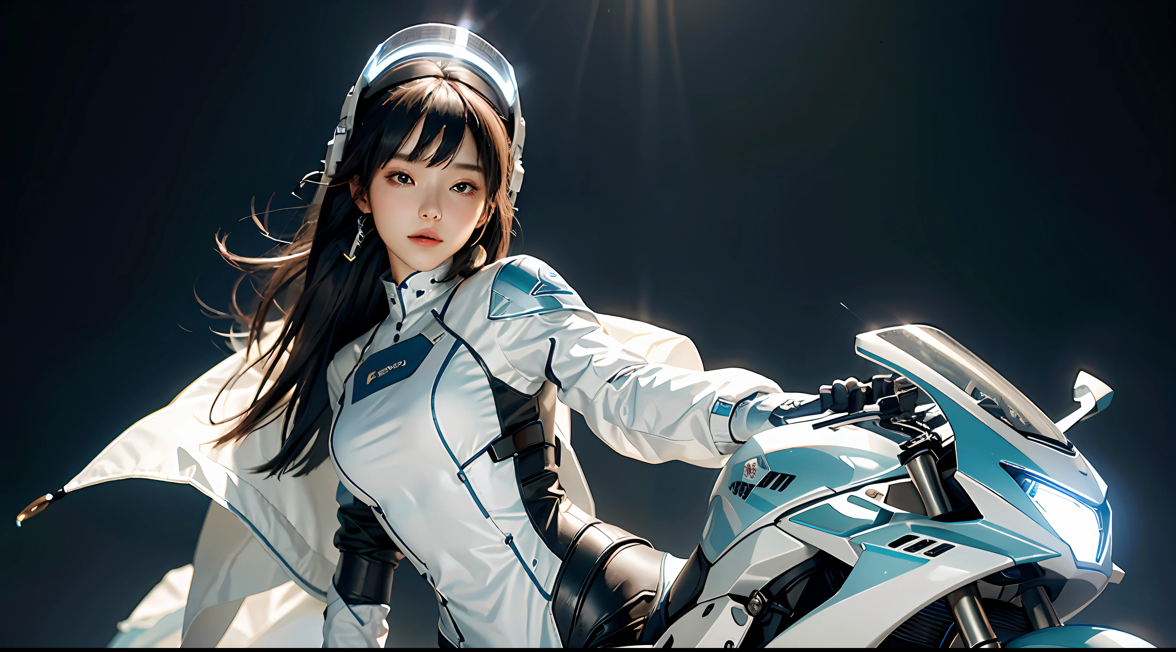 Highest image quality，Outstanding details，超高分辨率，（fidelity：1.4），The best illustration，Favor the details，Highly cohesive 1girl，He has a delicate and beautiful face，Dressed in a white-blue mech，wearing a mech helmet，Hold the direction controller，Riding on a motorcycle，The background is a high-tech lighting scene in the future city。