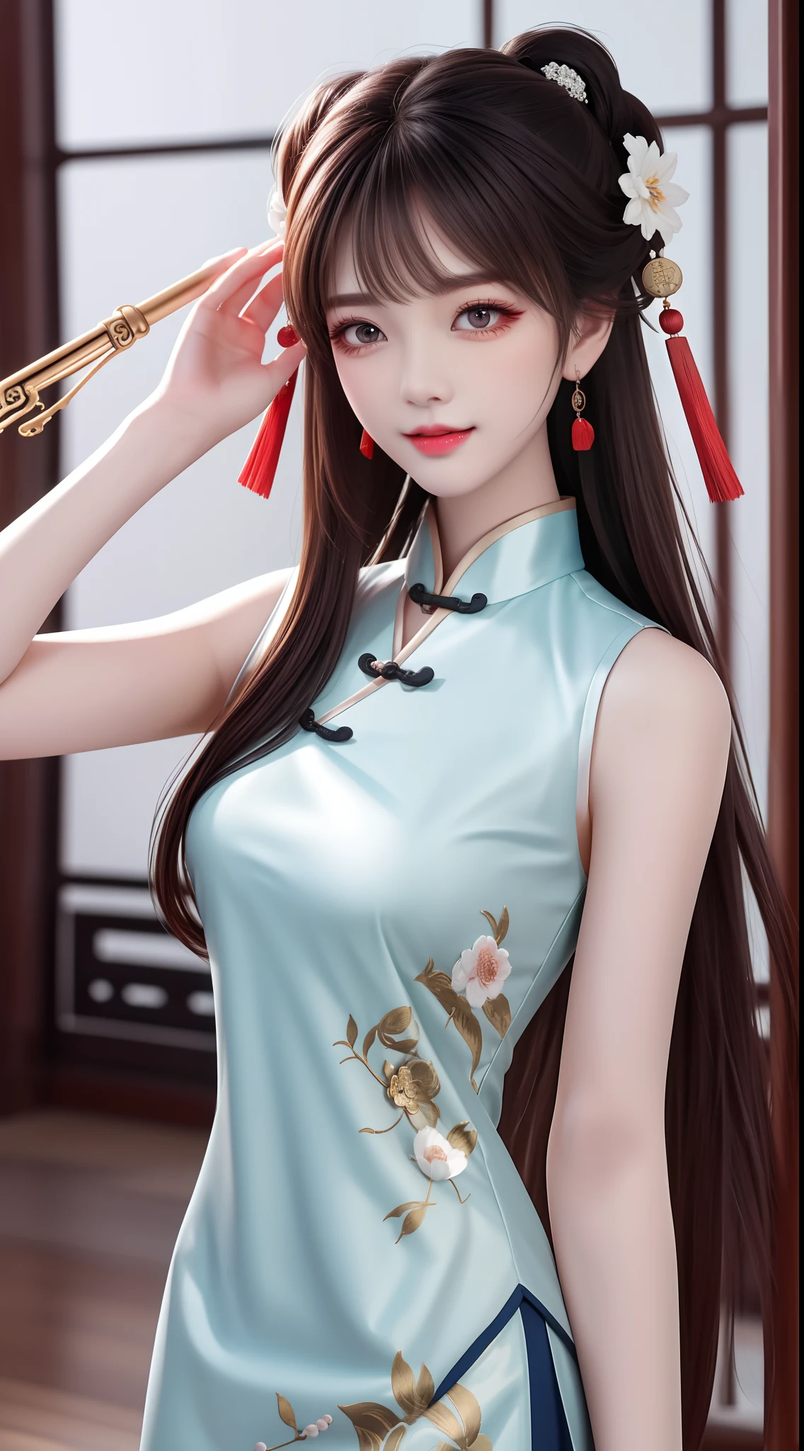 Need,tmasterpiece,A high resolution,1girll,Blushlush,(Seductive smile:0.8),starpupil,Chinese shoulder suction red Hanfu,hair adornments,choker necklace,trinkets,beautfully face,On_Body,Tindal effect,Lifelike,Shadow room,Light edges,Two-tone lighting,(highdetailskin:1.2),8K, Ultra HD,Slr,softlighting,high high quality,Volumetriclighting,Candid camera,photore,A high resolution,4K,8K,Antique bust photo in the background: A girl about 22 years old,Perfectcomposition,Precise and perfect human anatomy,Golden ratio creation,Surreal and realistic。Detailed skin details,White skin of the,shiny skin,Creamy glowing skin,Skin that is white and red。Exquisite depiction of facial features,Perfect makeup,Detailed depiction of the face,Clean and flawless face。A sweet smile,Smile without showing your teeth。Extremely detailed depiction of hair,Long black hair,Hair coiled,tying hair,High bun,The wind blew away the hair。Eyebrows upturned,long eyelasher,二重まぶた。Affectionate eyes,Big bright eyes,Sweet with lying silkworms。High nose bridge。Thin lips,Pink lip gloss,Straight teeth。Delicate collarbones。Delicate pendant,Ear ring。Perfect tall figure,Get it all together,Long legs and thin waist,Skinny beauty,Can't be too thin。Straight chest,medium boob。Keep your head up and your chest up,Look ahead,Face the lens,Stand。Ancient architectural background(((Chinese style new Chinese ink floral dress))),half-body photo,Kizi,mid hair,Hair over the shoulder,Clear eyes,Smooth hair,Exquisite and perfect facial features,the most beautiful big eyes,Long eyelashes,The eyes are sweet and there are lying silkworms,dynamic angle,Extreme image quality,Highest accuracy,Precise and perfect human body,Works of masters,HighestQuali,mid hair,Hair over the shoulder,Tattooed,brunette color hair,double bun hair,shift dresses,Ear ring,hair adornments,jewely,korean clothes,putting makeup on,photore(curly),standing on your feet,Upp,Facing the viewer,Hyper-Resolution,hyper HD,Optimal quality,Bend long eyelashes,shiny lip,bust