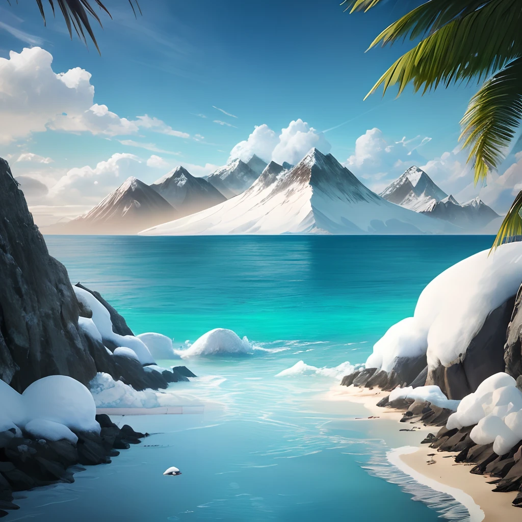 Blue sea and sky,The sea and the sky,The clouds are light and the wind is light,Refreshing,Amazing sea view,hyper HD,夏天, beachside, island, Clear water, Blue gradient water, Transparent water, Girl in swimsuit, island, coconut palms, a paradise, large clouds, blue-sky, scorching weather, high definition detail, hyper-detailing, cinematic ligh, ultra-realistic realism, the soft light, Deep field focus bokeh, Distant snow-capped mountains, Ray traching, ultra-realistic realism