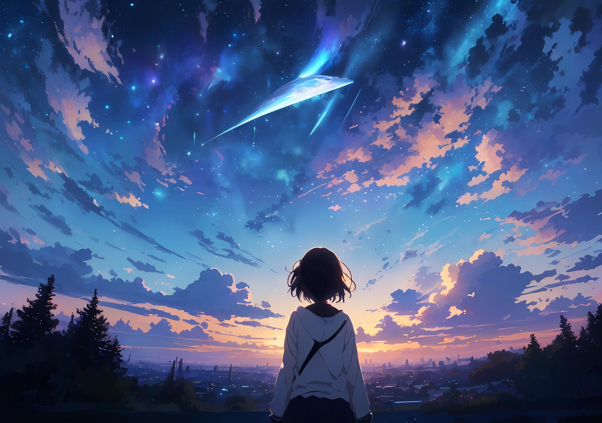 Anime girl looking at shooting stars in the sky, your name, your name movie style, several comets gliding down the night sky, Kyoto anime stills, beautiful anime scenes, shooting stars, anime background, ((Makoto Shinkai)), Kyoto animation, starry sky!, Kyoto animation production, anime movie background, amazing wallpapers, anime opening, atmospheric anime, Kyoto animation style