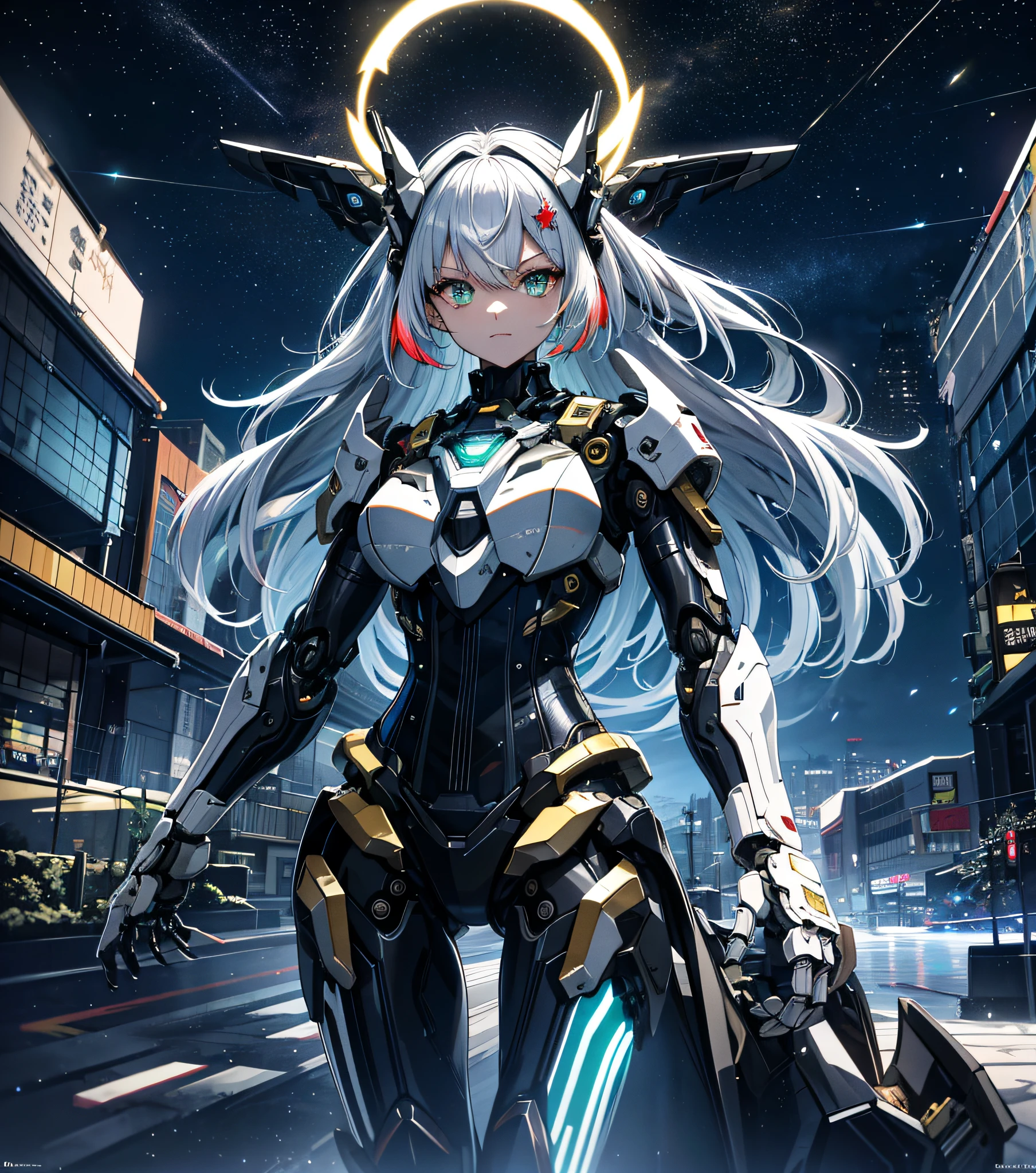 tmasterpiece，best qualtiy，ultra - detailed，very detailed illustration，The is very detailed，Complicated details，A high resolution，super complex detail，Very detailed 8k CG wallpaper，cowboy lens，Caustics，Reflectors，Ray traching，Demon Theme，Starcloud，darkness aura，Network effects， （1girll：1.4），solo person，soio，Mecha musume，mechanicalparts，robotjoints，Single robotic arm，head gear，Mechanical Aura，star halo，complex mechanical bodysuit，mecha corset，fully armoured， Very long hair，whaite hair，hair between eye，O cabelo multicolorido，colored inner hair，Green eyes，glowing light eyes，TATTOO，Eye trajectories，Random expressions，Random actions，ancient japanese architecture，ponds，starrysky，skylines，