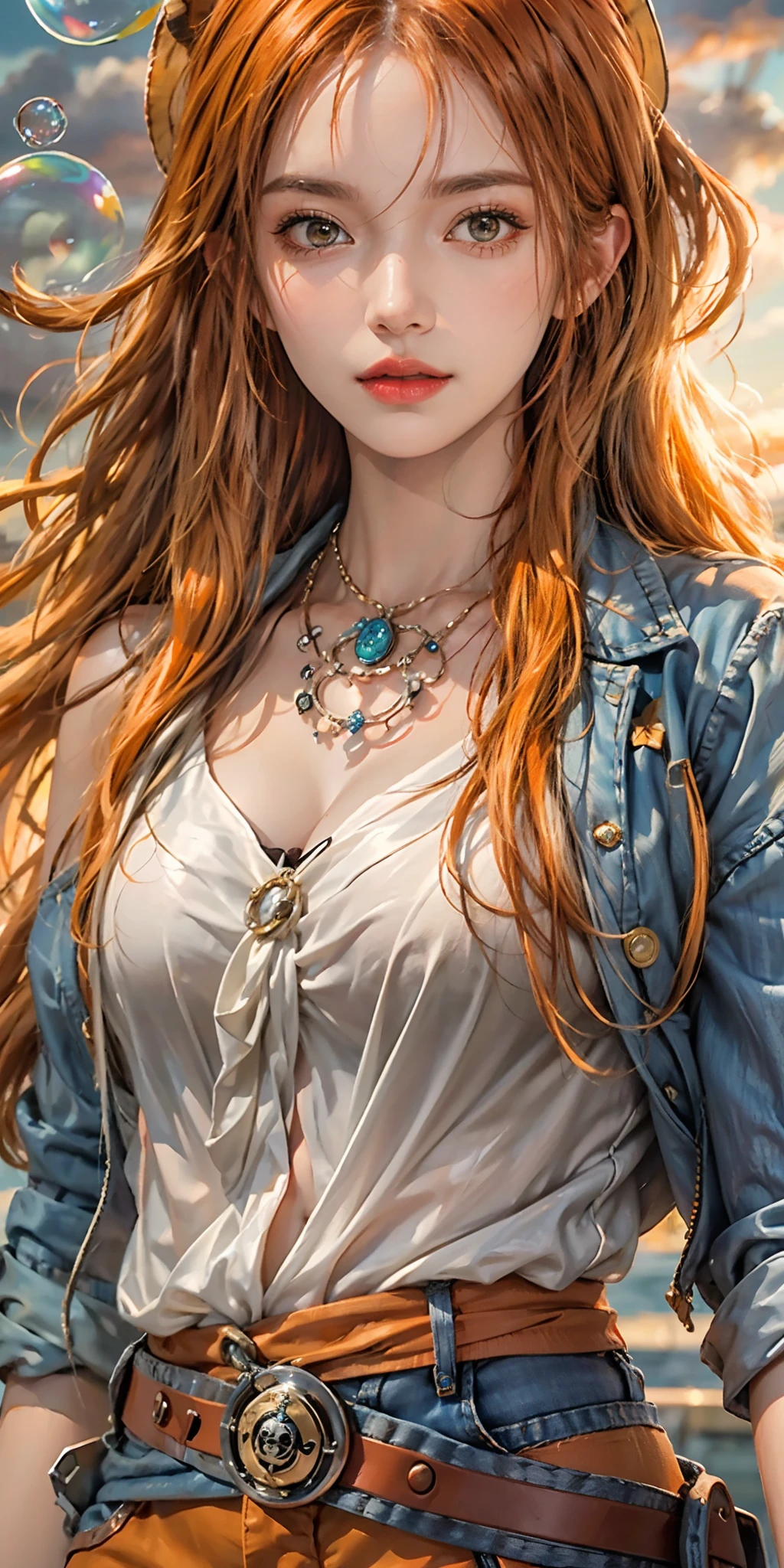 photorealistic, high resolution, soft light,1women, solo, hips up, (detailed face), nami \(one piece\), tattoo, jewelry,long silky orange hair, high nose, sharp eyes, noble and inviolable temperament, (([female]: 1.2 + [beauty]: 1.2 + orange long hair: 1.2)), pirate ship background, (one piece), blue sky, bracelets, bubbles, clouds, denim, pants, shoulder tatto, bright eyes, dynamic angle and posture