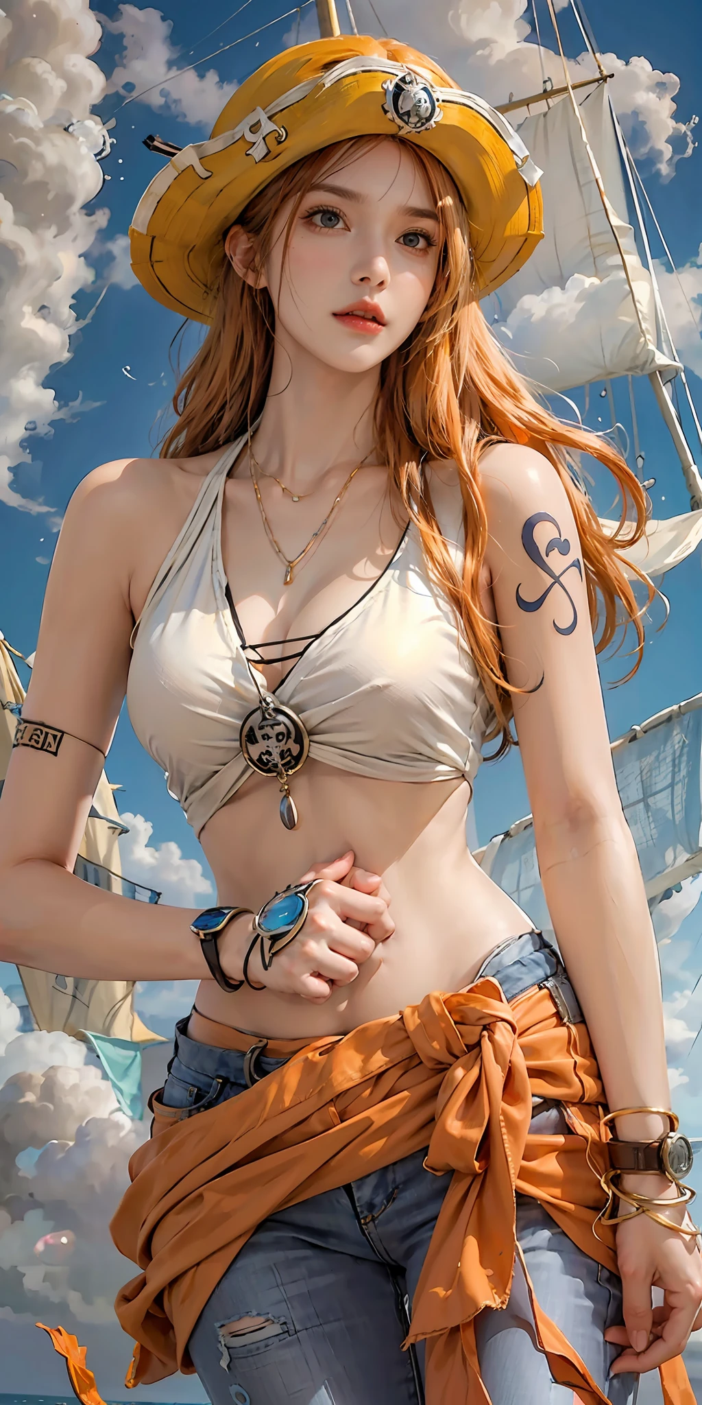 photorealistic, high resolution, soft light,1women, solo, hips up, (detailed face), nami \(one piece\), tattoo, jewelry,long silky orange hair, high nose, sharp eyes, noble and inviolable temperament, (([female]: 1.2 + [beauty]: 1.2 + orange long hair: 1.2)), pirate ship background, (one piece), blue sky, bracelets, bubbles, clouds, denim, pants, shoulder tatto, bright eyes, dynamic angle and posture