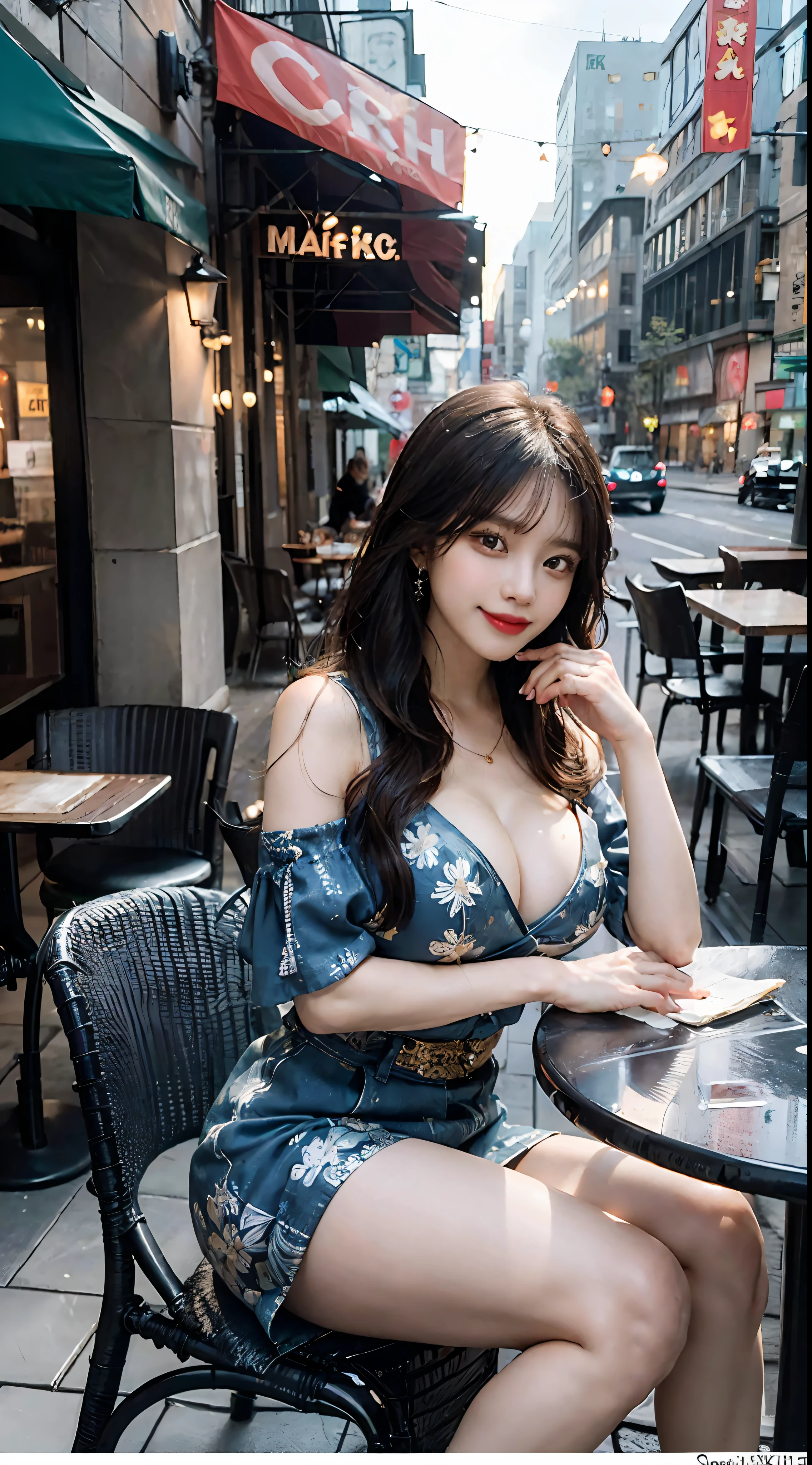 ((Best Quality, 8K, Masterpiece:1.3)), 40k, photography, Perfect Body Beauty:1.4, Cinematic lighting, Black long hair, straight Bangs, (Blue batik:1.1) , (in front of cafe:1.2), Highly detailed face and skin texture, Detailed Eyes, Double eyelids, skin brightening, perfect faces, (Huge breasts:1.5), (nighttime), Smile, Earrings, necklaces, mature women, coffee on table, (a women sitting in front of cafe), s whole body, Pretty legs, high-heel