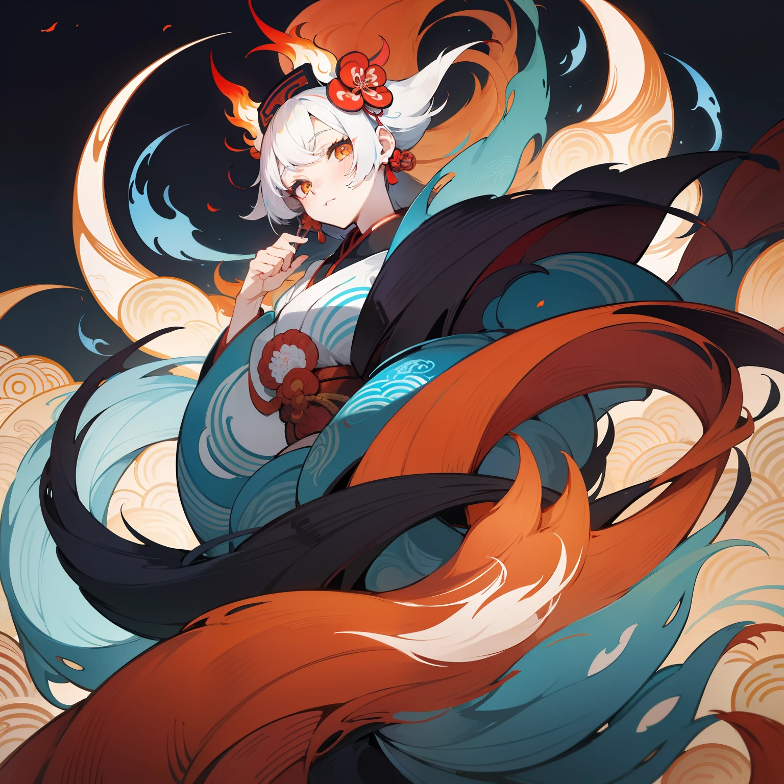 Close-up of a fox with nine tails, nine tails, nine tails, chtulhu, inspired by Sugimura Jihei, delicate and fine. tentacles, white alien squid, ghostly form, inspired by Sōami, jormungand, mystical creatures, "phoenix wallpaper"