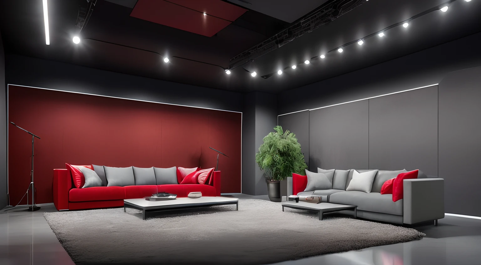best quality, ultra high res, (photorealistic:1.4), hdr, hyperdetailed, syndicated talk show, spotlights, cameras, The Oprah Show, Tabloid talk show, Sunday morning talk show, Jerry Springer show, a lot of space, red and grey colors in interior design, very rich production, many details, minimalistic furniture, cameras in the shadows, positive atmosphere,