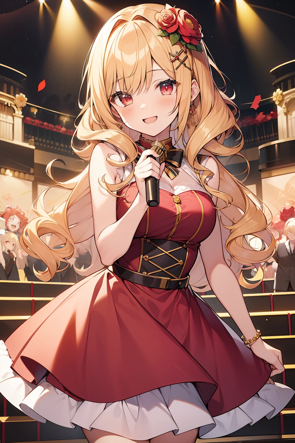 ((highest quality)), ((masterpiece)), (detailed), （Perfect Face）、The woman is Hoshino Ruby, with light blonde, medium-long hair.、A gorgeous red see-through dress with a long slit that lets you see right through to the skin, a see-through cape with fur, a necklace with jewels, a tiara, earrings, a head dress-up chain, a waist chain, bracelets, ankle bracelets, etc.々She wears lavish jewelry and shiny red boots.