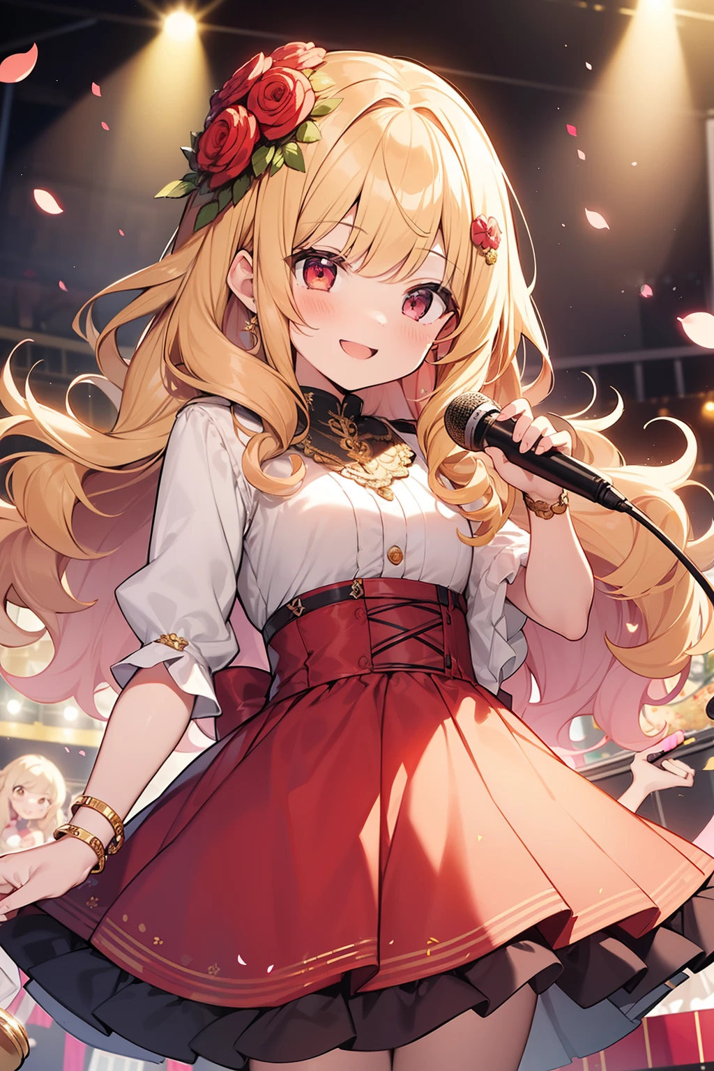 masterpiece, hyper quality, 1girl, solo girl, light gold hair, red eyes, round eyes, ((curly hair)), long hair, smiling, holding a mike, singing, music notes, Concert hall, stage, idol, idol outfit, flower head ornaments, pink and yellow