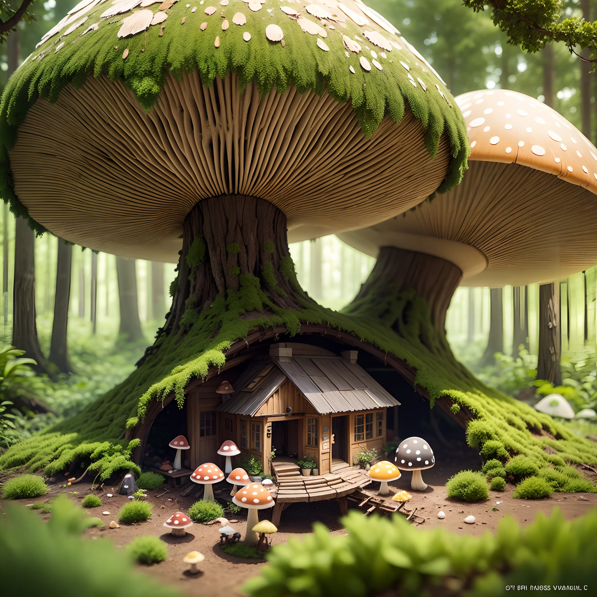 a realistic RAW photography giant mushrooms house in a Forrest --auto --s2
