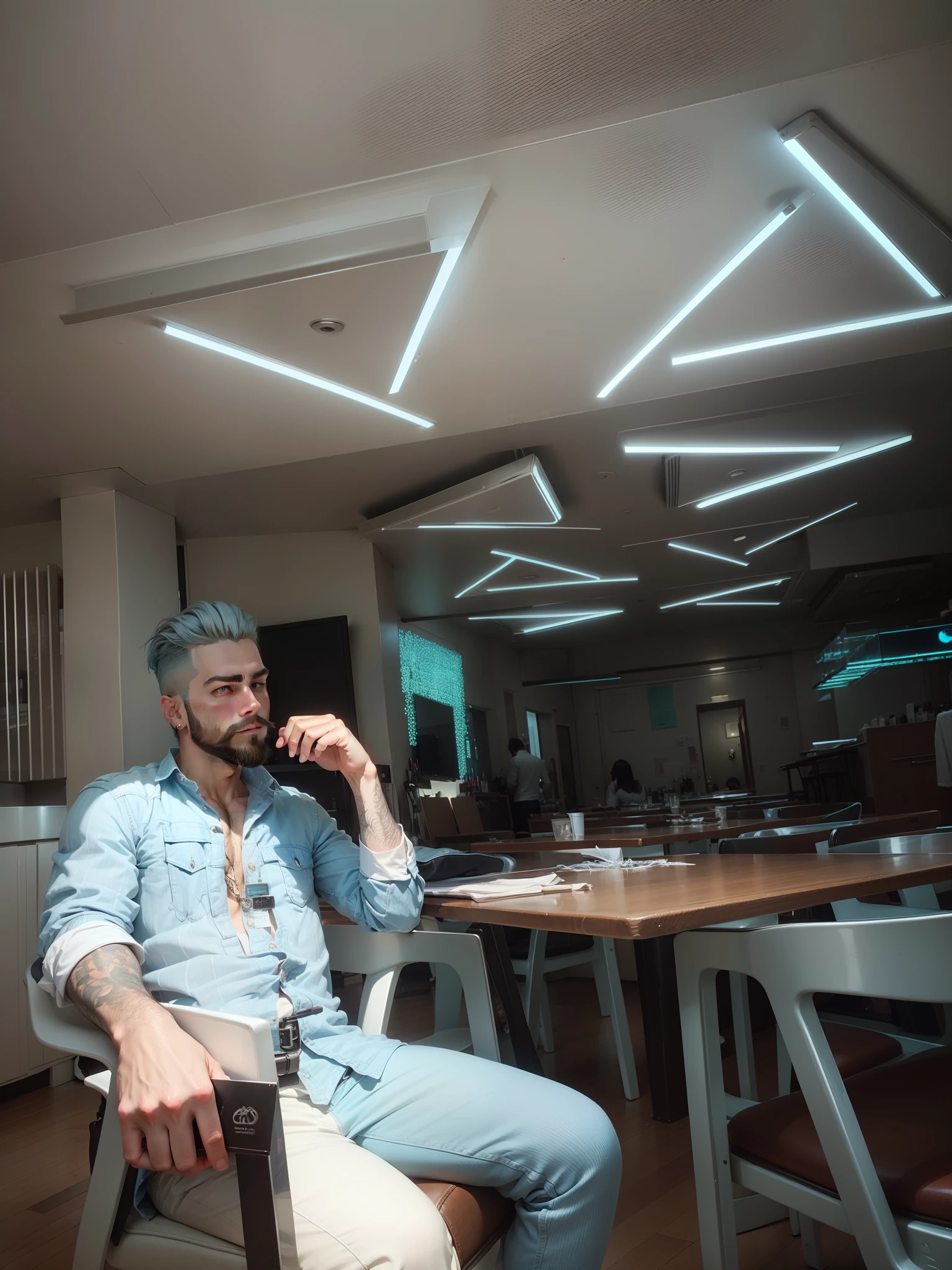 Stylish hair ,bearded, sharp,light blue tone