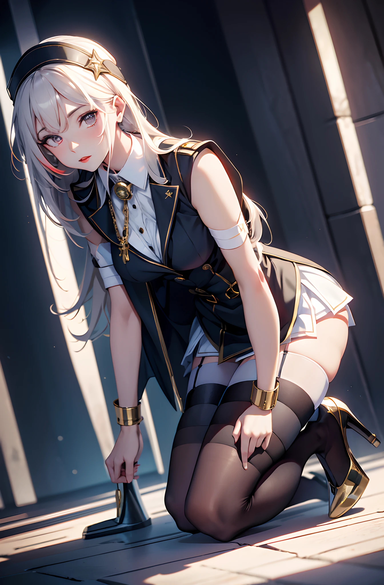 best qualityer，tmasterpiece，Ultimate resolution，downy，Extremely colorful，stewardess，Normal posture，Redlip，Collar，Kneeling pose，shackle，behead，Anklets，（white stockings），high-heels，Normal posture