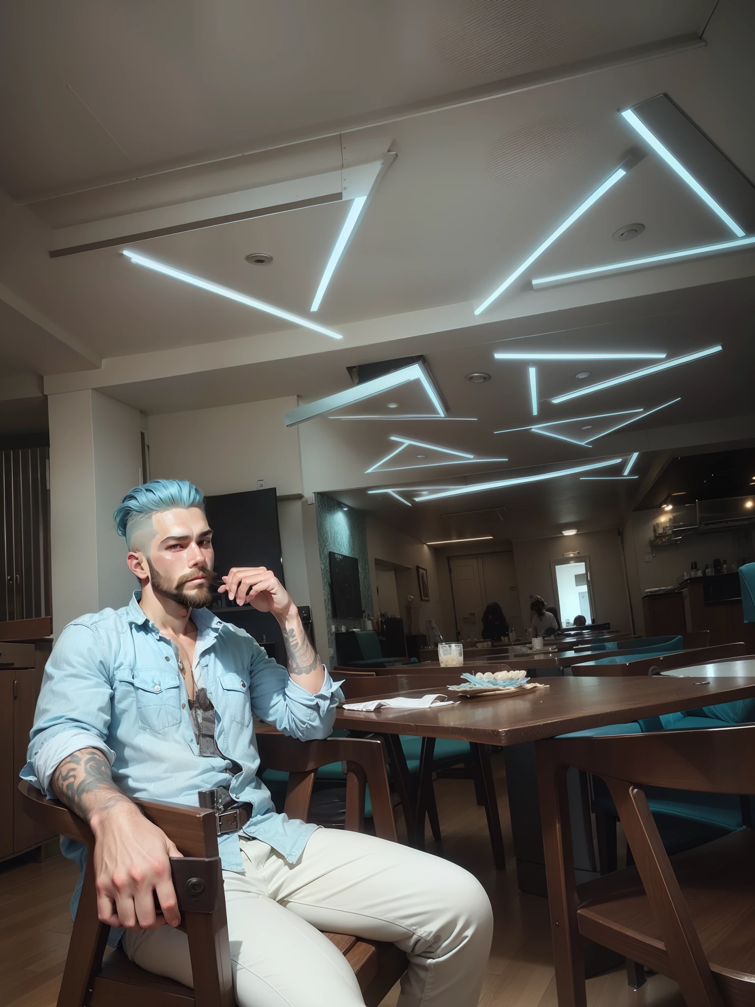 Stylish hair ,bearded, sharp,light blue tone