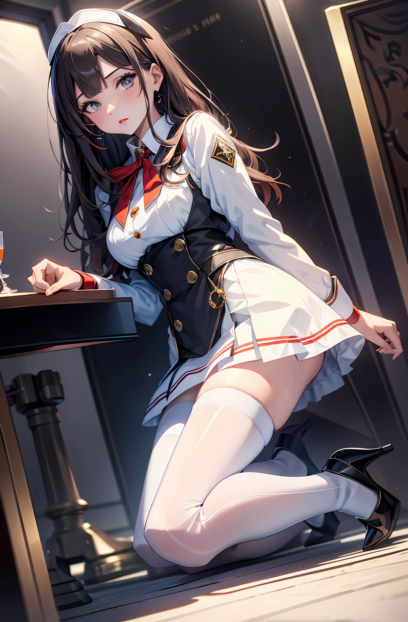 best qualityer，tmasterpiece，Ultimate resolution，downy，Extremely colorful，stewardess，Normal posture，Redlip，Collar，Kneeling pose，shackle，behead，Anklets，（white stockings），high-heels，Normal posture