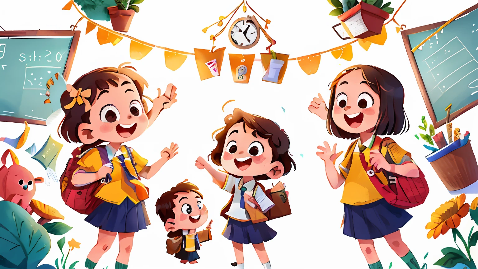 Teacher and school students (in school uniform)
They are standing side by side and waving to us
With a smile and happy. White background.