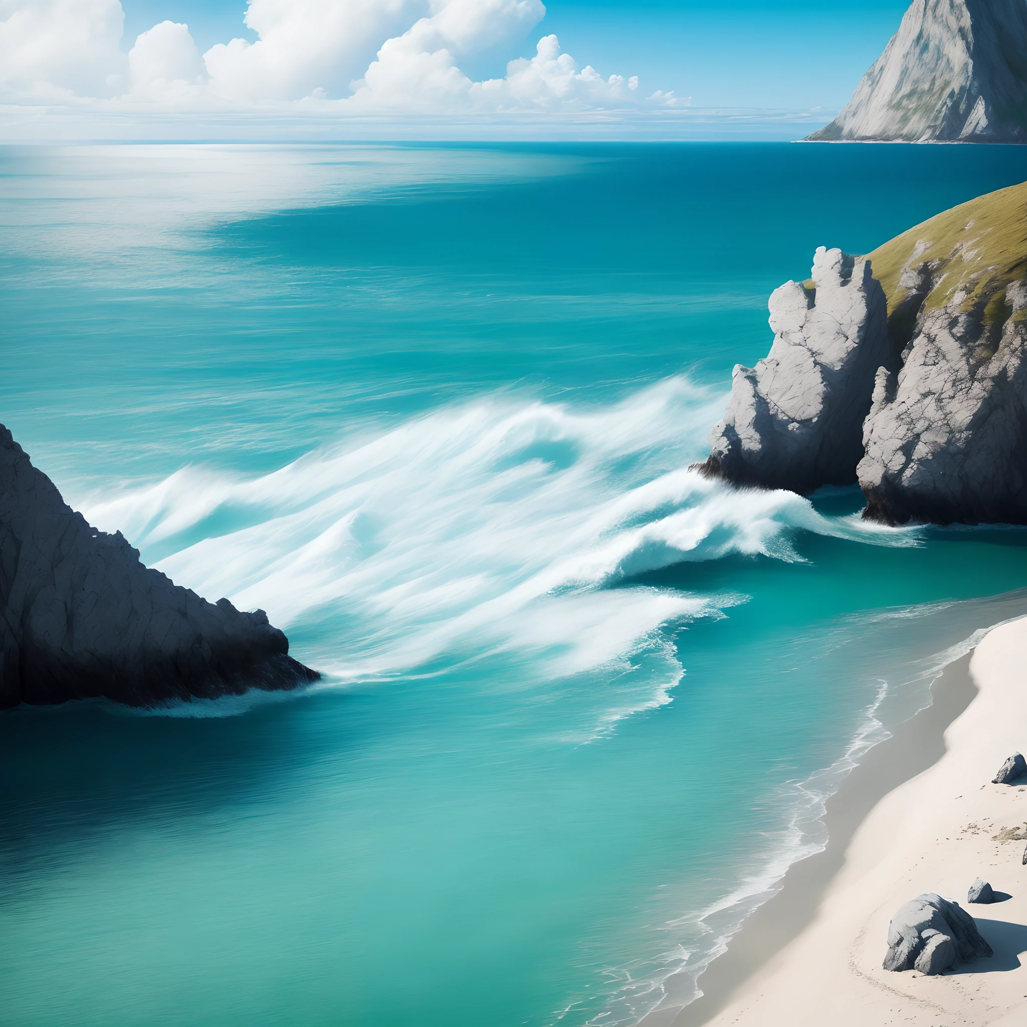 The sea is blue and the sky is white