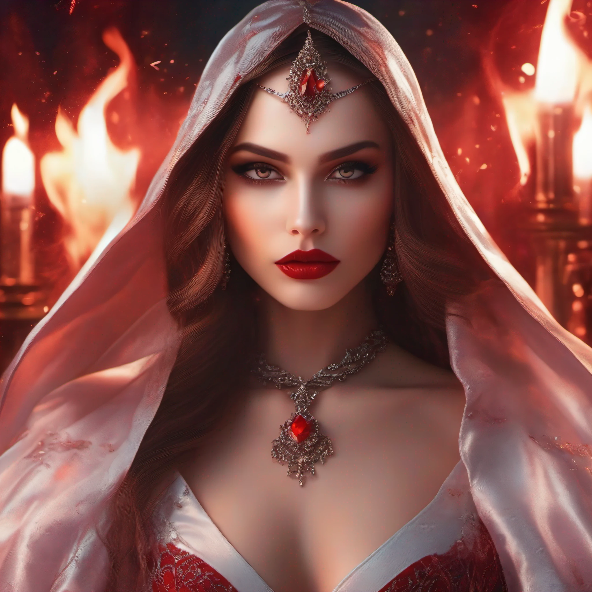 (perfect bodies,Elegant and feminine,Red-lipped charming vampire beauty)(Burning flame background,8k detail,dynamic lights,Deep eyes、A magical scene surrounded by blood)