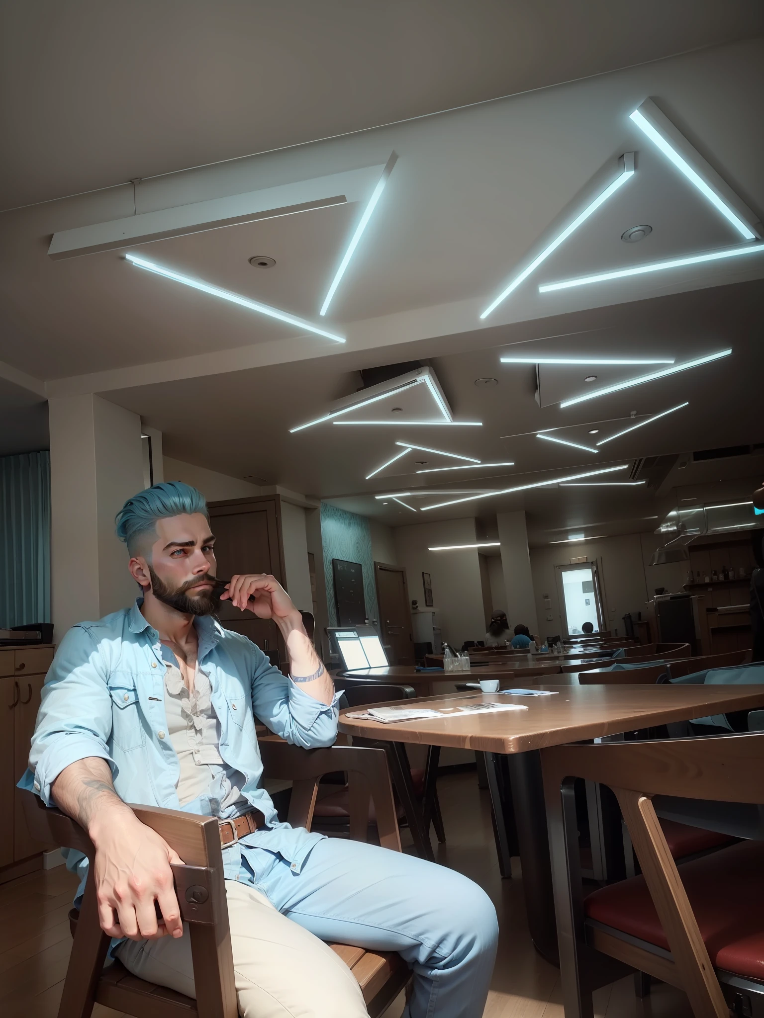 Stylish hair ,bearded, sharp,light blue tone