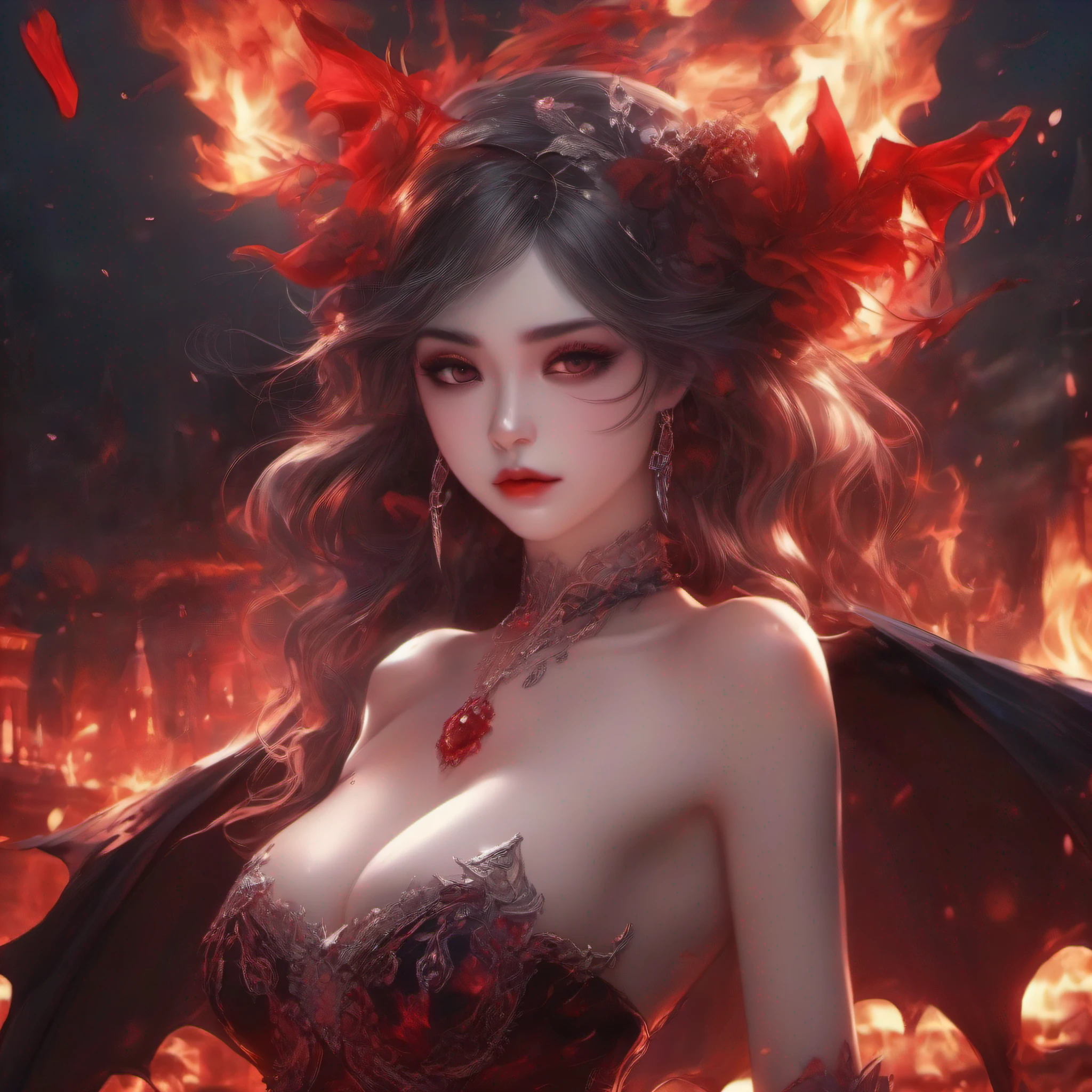 (perfect bodies,Elegant and feminine,Red-lipped charming vampire beauty)(Burning flame background,8k detail,dynamic lights,Deep eyes、A magical scene surrounded by blood)