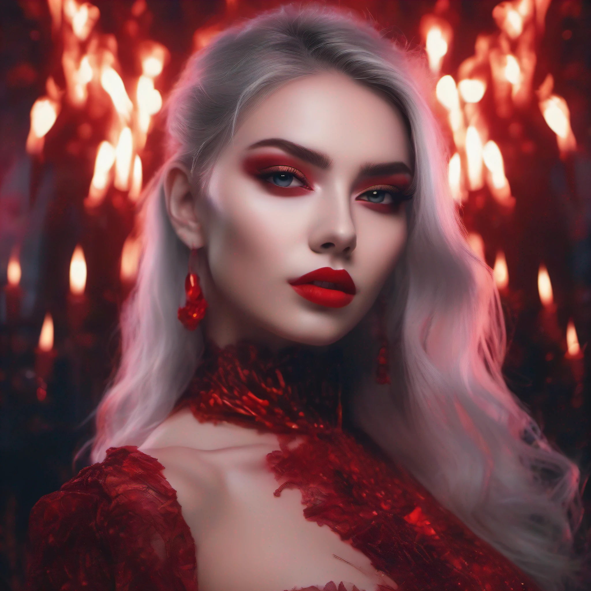 (perfect bodies,Elegant and feminine,Red-lipped charming vampire beauty)(Burning flame background,8k detail,dynamic lights,Deep eyes、A magical scene surrounded by blood)
