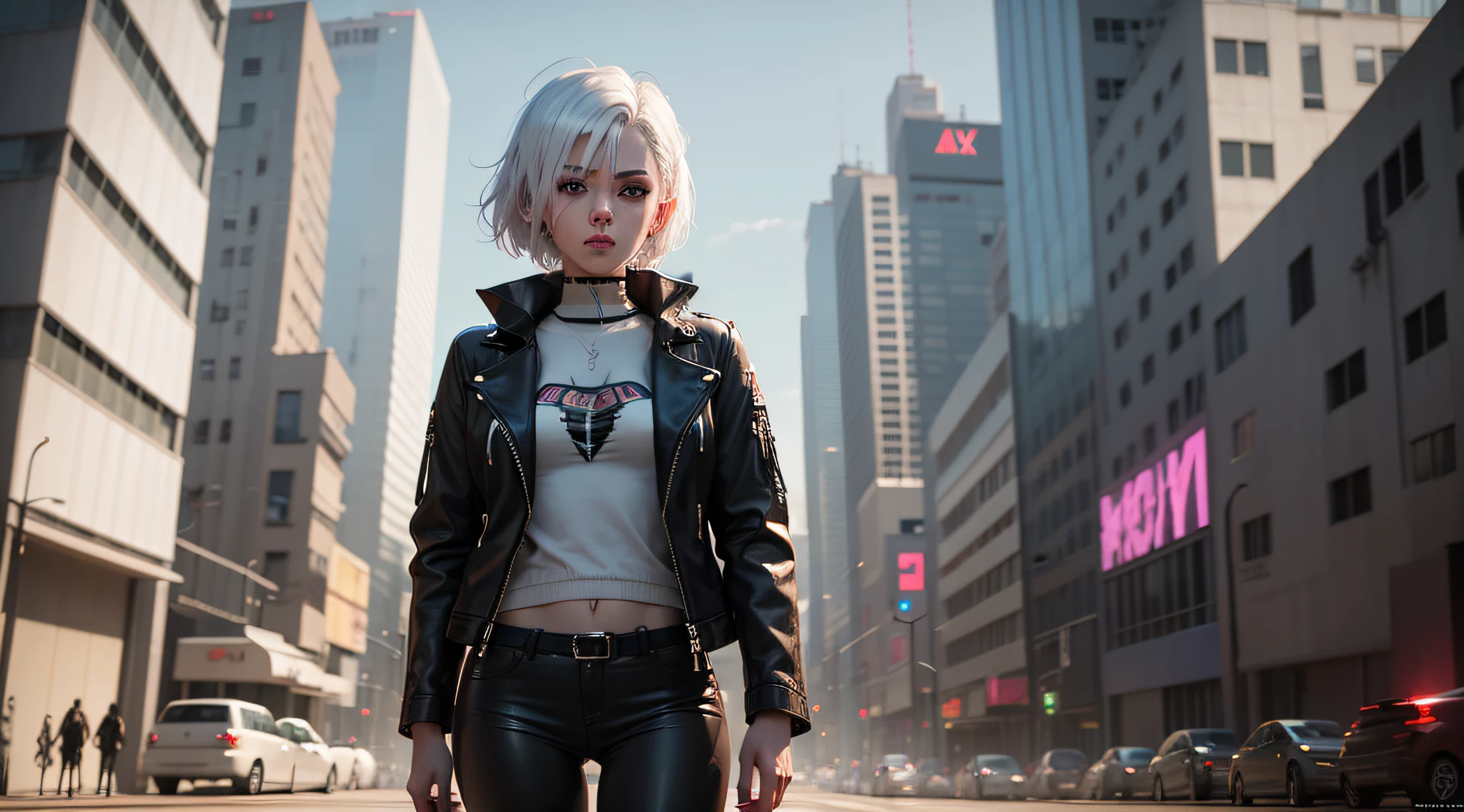 A woman in a leather jacket and black pants stands in front of the city, Anime cyberpunk moderno, Best anime 4k konachan wallpaper, badass anime 8 k, cyberpunk anime girl, anime cyberpunk art, heroines👀:8, Anime style 4 K, female cyberpunk anime girl, cyberpunk anime art, digital cyberpunk anime art, 4k anime wallpaper,with short white hair