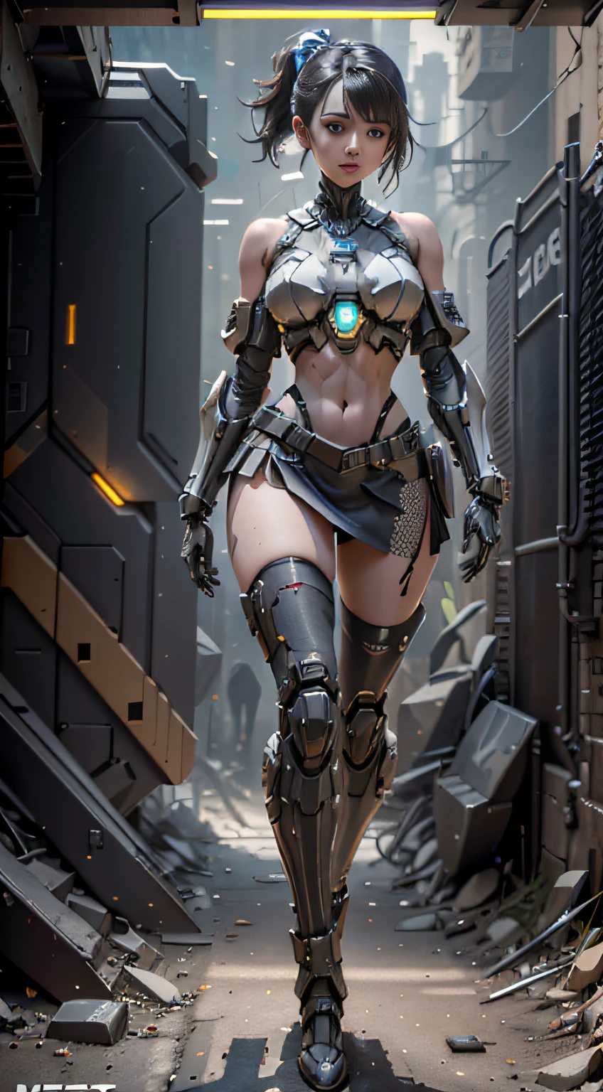 （（best qualtiy））， （（tmasterpiece））， （The is very detailed：1.3）， sci-fi mech， Beautiful cyberpunk woman wearing mech，Bare with thighs，Wear mecha-style boots，Bare shoulders and upper arms，Mecha-style gloves，Bare abdomen and navel，pleatedskirt，lean legs，Carry a weapon，Wear black stockings，Broken stockings， hdr（HighDynamicRange）， Ray traching， NVIDIA RTX， Hyper-Resolution， Unreal 5， sub surface scattering， PBR Texture， post-proces， Anisotropic filtering， depth of fields， Maximum clarity and sharpness， Many-Layer Textures， Albedo e mapas Speculares， Surface coloring，Accurately simulate light-material interactions，perfectly proportions，rendering by octane，twotonelighting，Low ISO，White balance，trichotomy，Wide aperture，8K raw data，High-Efficiency Sub-Pixel，sub-pixel convolution，Luminous Particle，Light scattering，Tyndall effect