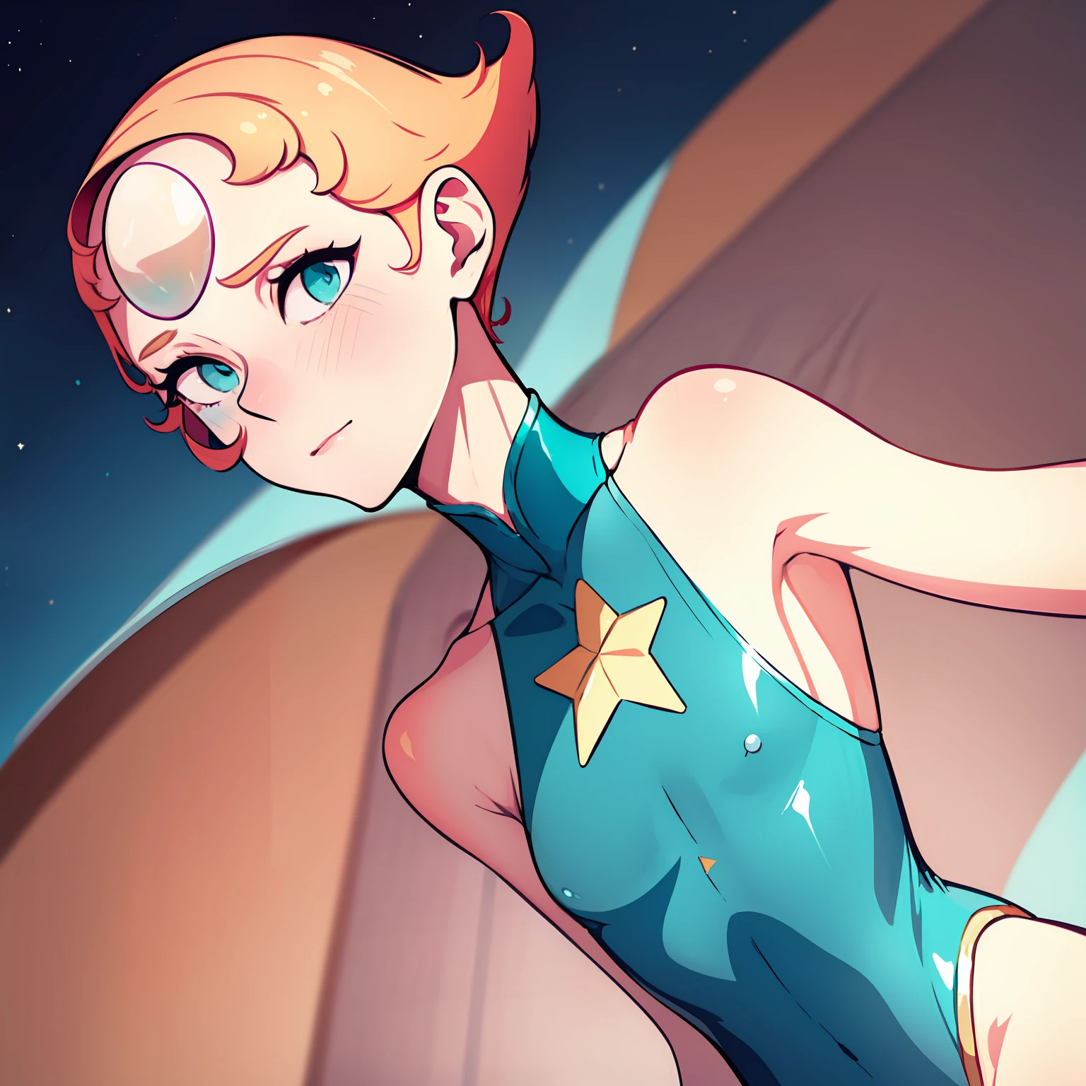 1girl, Pearl, pale, ivory complexion, light-cyan eyes, peach-colored hair, forehead gem, teal leotard, star emblem, swept-back hair, short hair, pearl gem, pointy nose, perfect anatomy, better hands