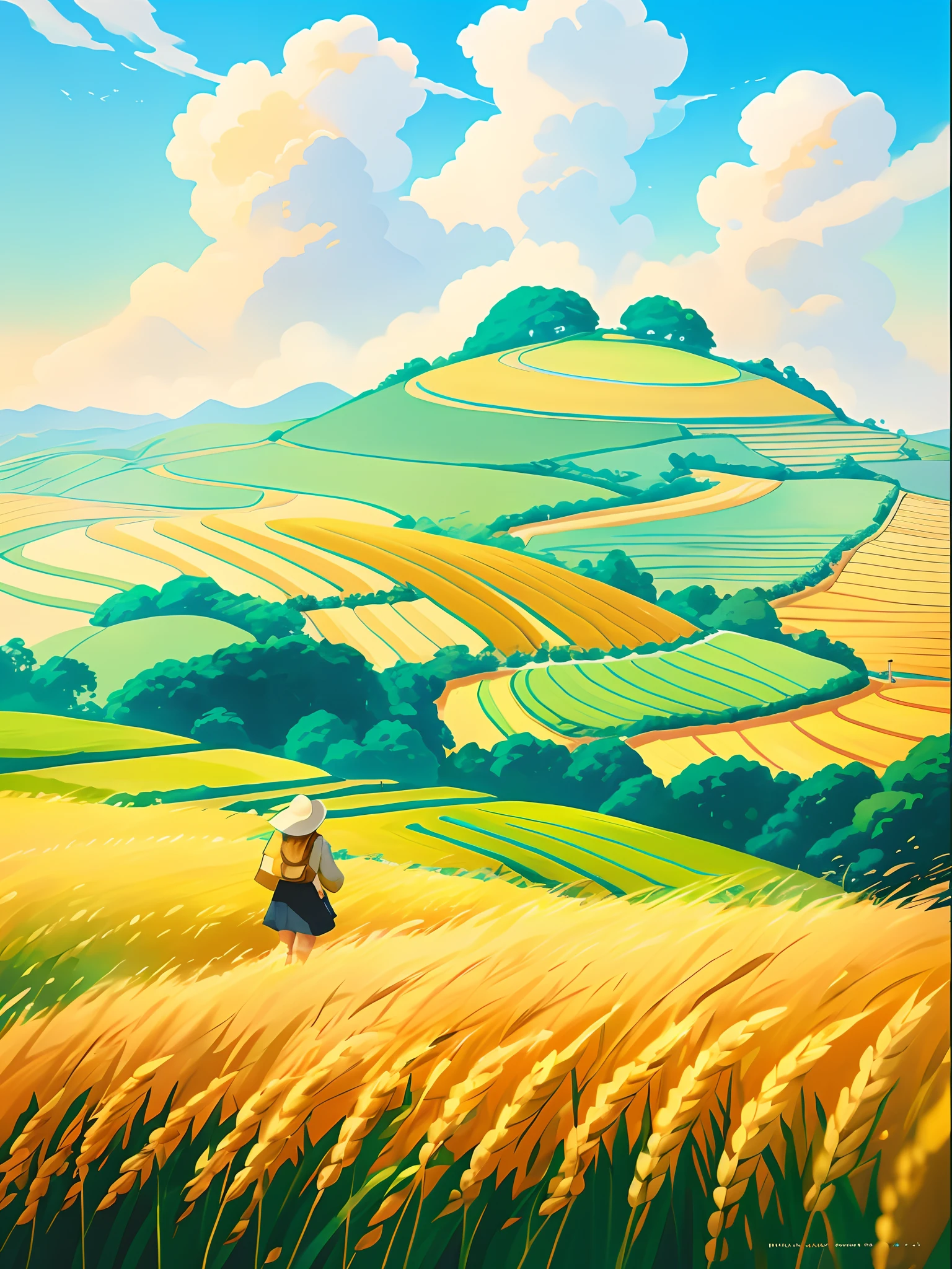 there is a painting of a woman walking in a field, anime countryside landscape, landscape illustration, on the vast wheat fields, a beautiful artwork illustration, immense wheat fields, walking in the wheat field, wheat fields, summer landscape with mountain, vast wheat fields, a beautiful landscape, beautiful summer landscape, full color digital illustration, full color illustration, amazing landscape in background