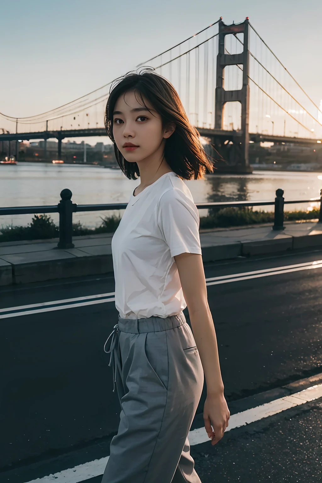 A daughter，evening light，Bridgeside，taking a walk，Gray slacks，white short sleeve，Natural expression，4k画质，Masterpiece