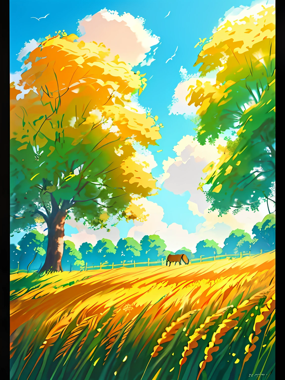 painting of a field with trees and a horse in the distance, anime countryside landscape, scenery artwork, anime background art, rhads and lois van baarle, painted in anime painter studio, anime landscape, scenery art detailed, background art, summer field, made with anime painter studio, background artwork, anime beautiful peace scene, a beautiful artwork illustration