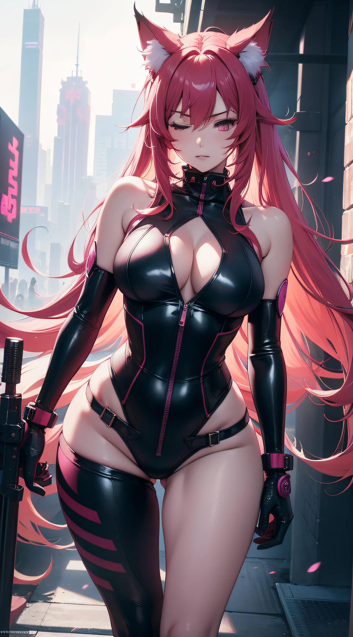 neonpunk style fluffy nine tailed fox girl by Wlop and Guweiz, Hyper realistic, photography, real, professional, 8k, soft natural lighting, Red dress, masterpiece, best quality, extremely detailed, strikingly beautiful young woman, detailed face, eyes closed, frowning, vivid dyed cabernet hair, relaxed, under lit, curvy, narrow waist, wide hips, detailed tiny breasts . cyberpunk, vaporwave, neon, vibes, vibrant, stunningly beautiful, crisp, detailed, sleek, ultramodern, magenta highlights, dark purple shadows, high contrast, cinematic, ultra detailed, intricate, professional