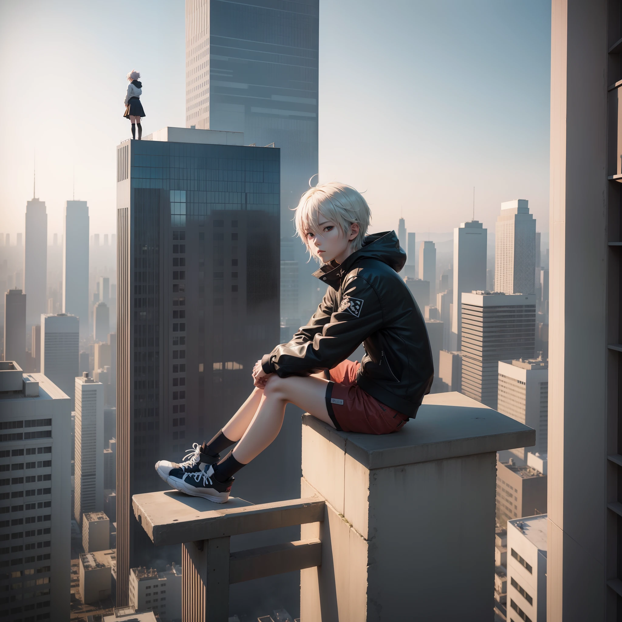 Lonely anime character image,Sit on the edge of a tall building
