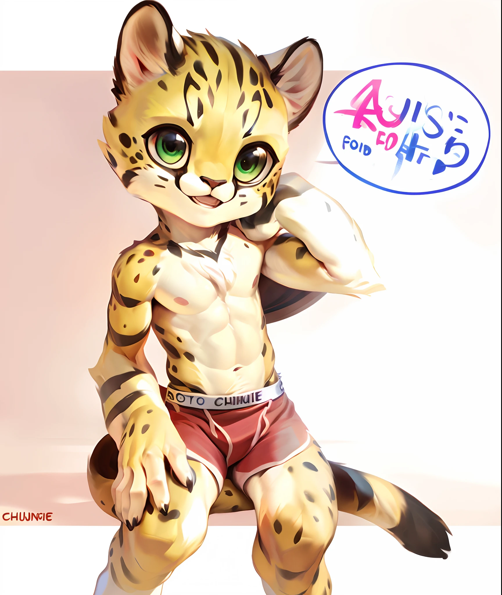 4K, high resolution, Best quality, perfect colors, perfectly shaded, Perfect lighting, posted on e621, (by Chunie), Furry, anthro, Furry art, ((Portrait)), Male cheetah, (two-toned fur), hairy bodies, Green eyes, Face the audience with open legs, (Seductive face:1.2), fit body, perfect male figure, ((Naked)), (Topless), Shirtless, visible abs, ((view the viewer)), Detailed fur, Detailed face, Perfect face,, (Sit on the ground), White background, cozy environment, ((Bonifasko lighting)), Cheetah tail