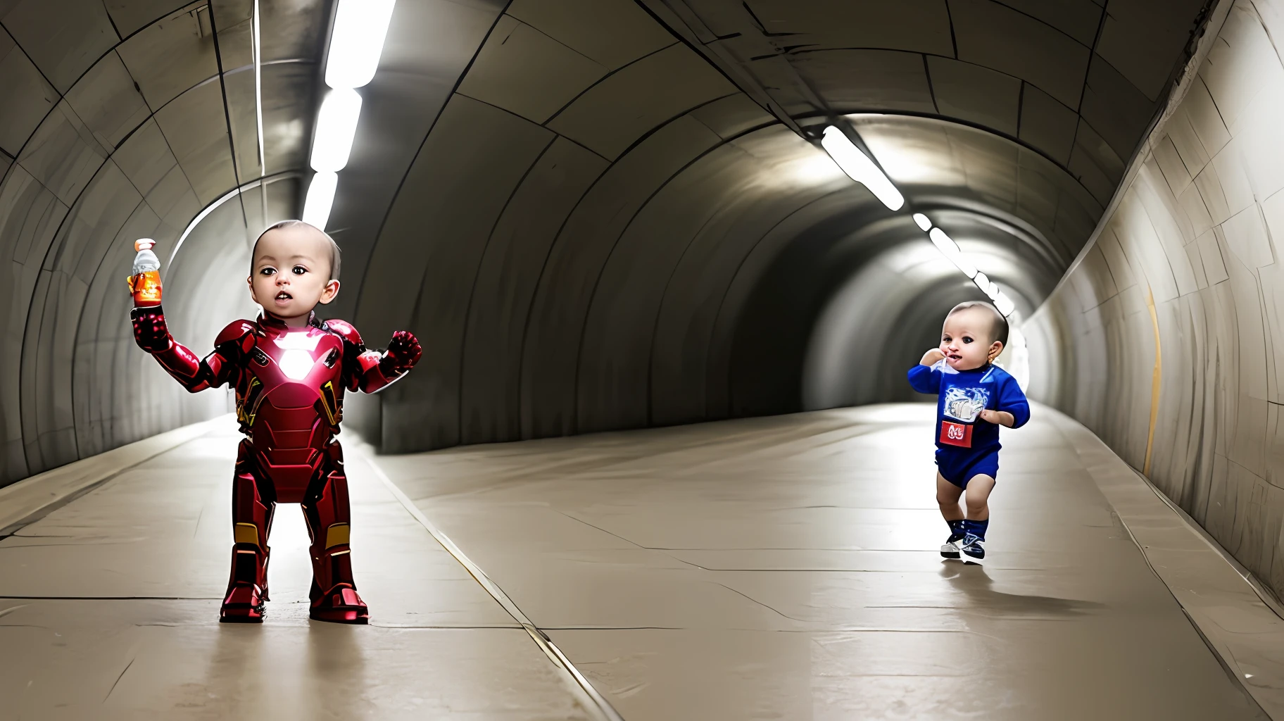 A  who has just reached the full moon holds a bottle of salt in his hand，Fly in a subway tunnel in an Iron Man suit。The background color is bluish-orange tones。