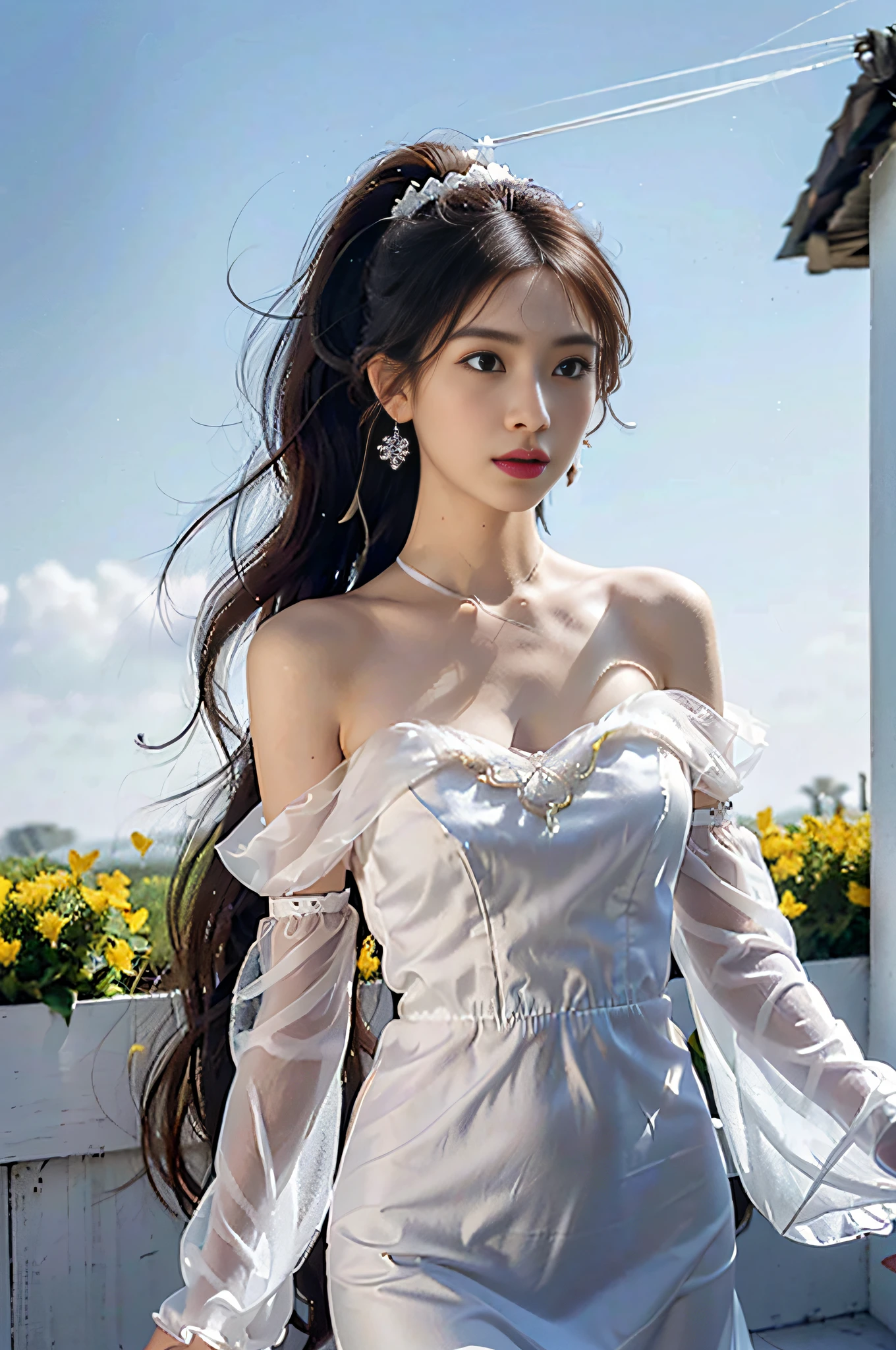 (photo-realistic,ultra realistic 8k CG:1.2),perfect artwork,delicate pattern,
(best quality,intricate detail,extremely intricate:1.2),70mm telephoto lens,
perfect lighting,detailed lighting,(noise reduction:1.5),ray tracing,bloom,
-------------------------------
1girl,solo,idol,woman,girly,bright eyes,(detailed eyes),(wet skin,nsfw:1.1),
(very long hair,Floating hair,Flamboyant hair,wind hair,gale,wind lift:1.4),
-------------------------------
(silk Ribbon in front,hagoromo:1.3),earrings,filigree,detached sleeves,wide sleeves,
(see through clothes,translucent clothes,armlet:1.2),(revealing clothes),jewelry,
(cutout breasts,slit chest,off shoulder,strapless,Simple Choker:1.1),naked breasts,
-------------------------------
(horizon,longView,distant,Leaves and plant in front:1.2),(simple background:1.3),
-------------------------------
  (pov legs,coven zyra, 1girl, dress, ponytail,earrings, bare shoulders, hair ornament, cleavage, feathers, yellow eyes:1.3),(white sky:1.5),