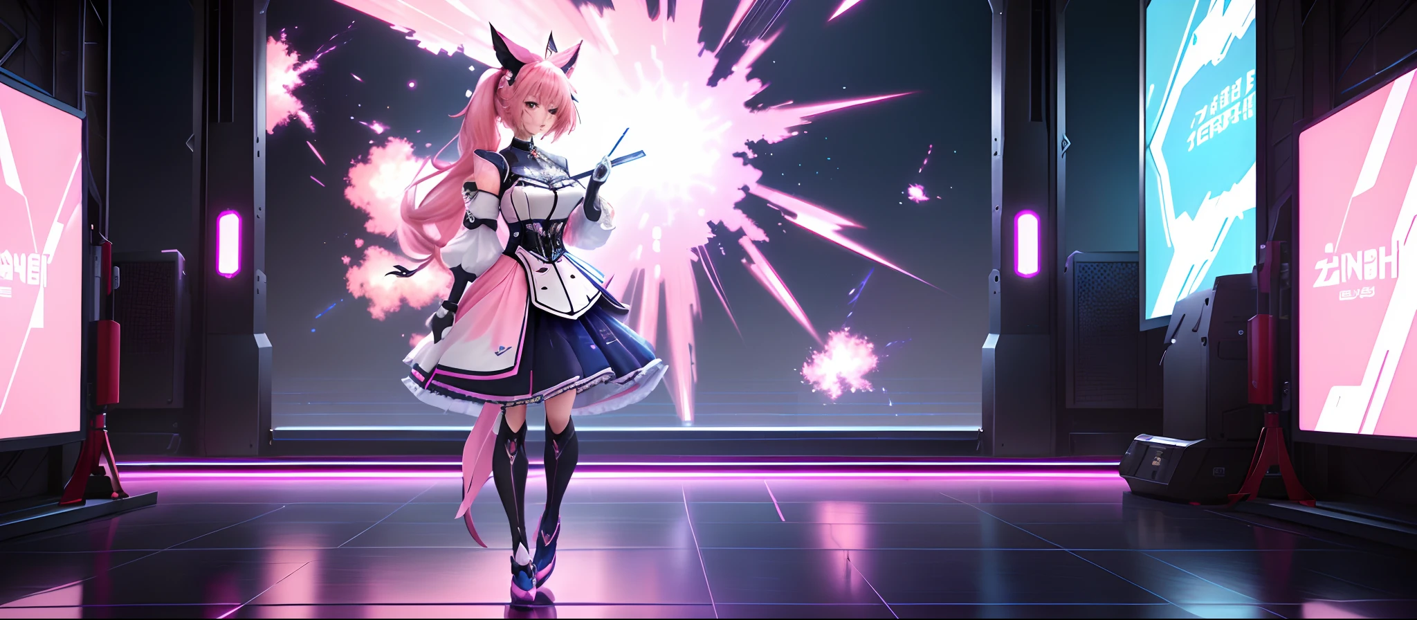 Screenshot of a woman dressed in pink standing in front of a screen, Ayaka Genshin impact, ayaka game genshin impact, ethereal and mecha theme, A scene from the《azur lane》videogame, Keqing from Genshin Impact, azur lane style, Genshin impact's character, 《azur lane》role, 8 k character details