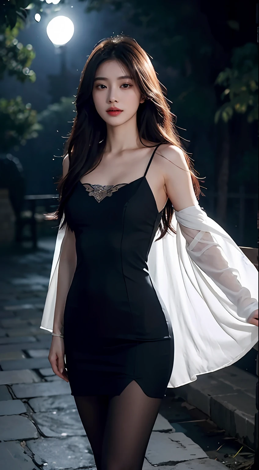 8K, Masterpiece, RAW photo, Best quality, Photorealistic, Extremely detailed CG unifies 8K, 8K, Diamond, and Wallpaper, Depth of field, Cinematic light, Lens flare, Ray tracing, (Extremely beautiful face, Beautiful lips, Beautiful eyes), intricate detail face, ((ultra detailed skin)) 1girll, In the dark, deepshadow, Pretty Korean girl, Kpop idol, 1 girl, (Very slim and slender muscular body:1.3), ((view the viewer)),(Big smile:1.3), (Fashion night, Dark night, (neon lights sign), (Blurred background), Fashion Street Night),(No one is in the background:1.3), Beautiful earrings, bangle, necklace, Pantyhose, Clear eyes, Walking, (Pale skin), (Big eyes), Face forward, (brown hairs), (Full body shot), ((Silk black dress:1.3)), ((stocklings)),, (view the viewer:1.3) , Very slim, Medium breasts, , (Full body frontal shooting)The woman's face seemed to glow clearly in the moonlight。,It exudes a mysterious air unlike any other。Her eyes were as bright as stars,It seems to contain endless wisdom and determination。The slender brow arch is gently raised,It seems to tell the story of a painful past。The bridge of her nose is straight and slender,Slightly upward,Exudes determination and confidence。Her lips were rosy as cherry blossoms,It seems that it is easy to uncover the secrets of a lifetime。A spring-like smile rippled at the corners of her lips,It exudes tenderness and kindness。Her chin is elegant,The beauty reminiscent of ancient legends。The heroine is wearing a black slim suit,Conform to the shape,It reveals her superb training and tenacious personality。The clothes are flowing,It's as if you can dance at any time,Show off her strong skills。Ornaments are scarce,She pays more attention to practicality and flexibility,To be more comfortable in battle。The environment is filled with fresh morning light。The sun shone on her through the gaps in the dense forest,lit up the light in her eyes。It is surrounded by green forests,The leaves trembled slightly,As if it had something to do w