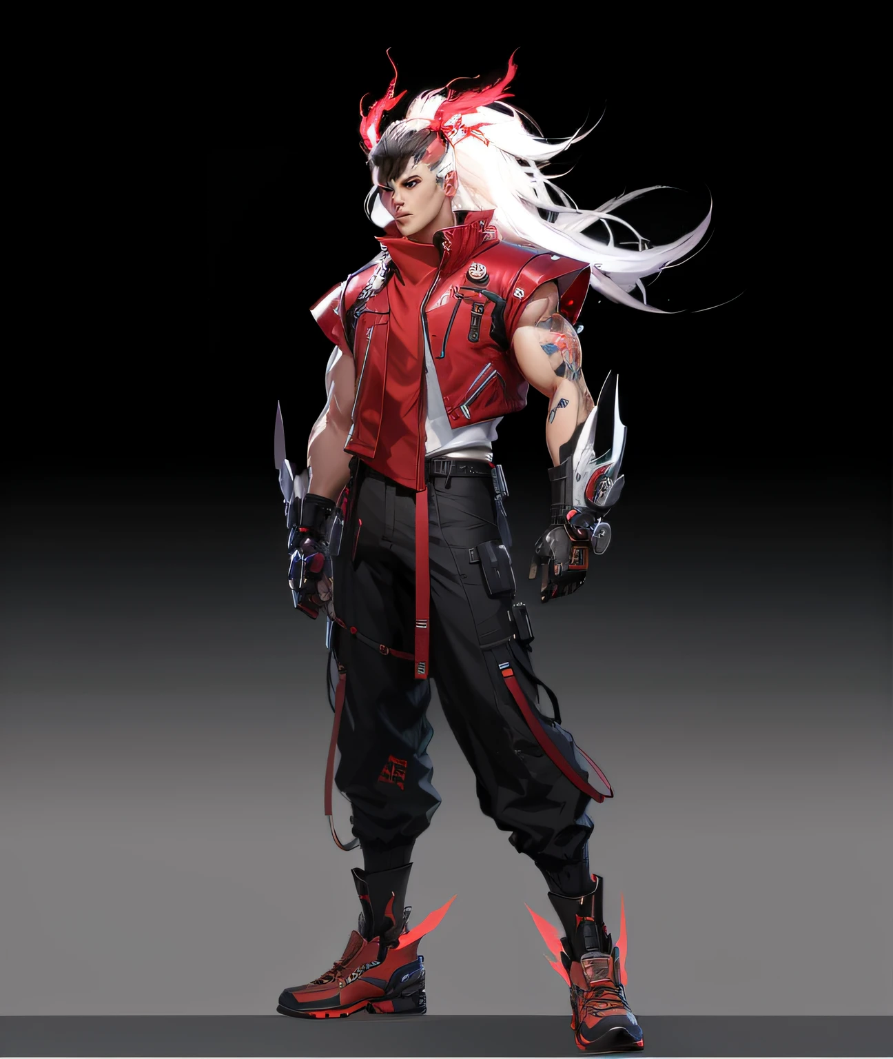 a close up of a person in a red jacket and black pants, ( ( concept art of character ) ), fighting game character, As a character in Tekken, Character artwork, official character art, full body concept, 8k character concept art, 8 k character concept art, Feng Zhu concept art, new costume concept design, lunar themed attire, new character,Meticulous portrayal