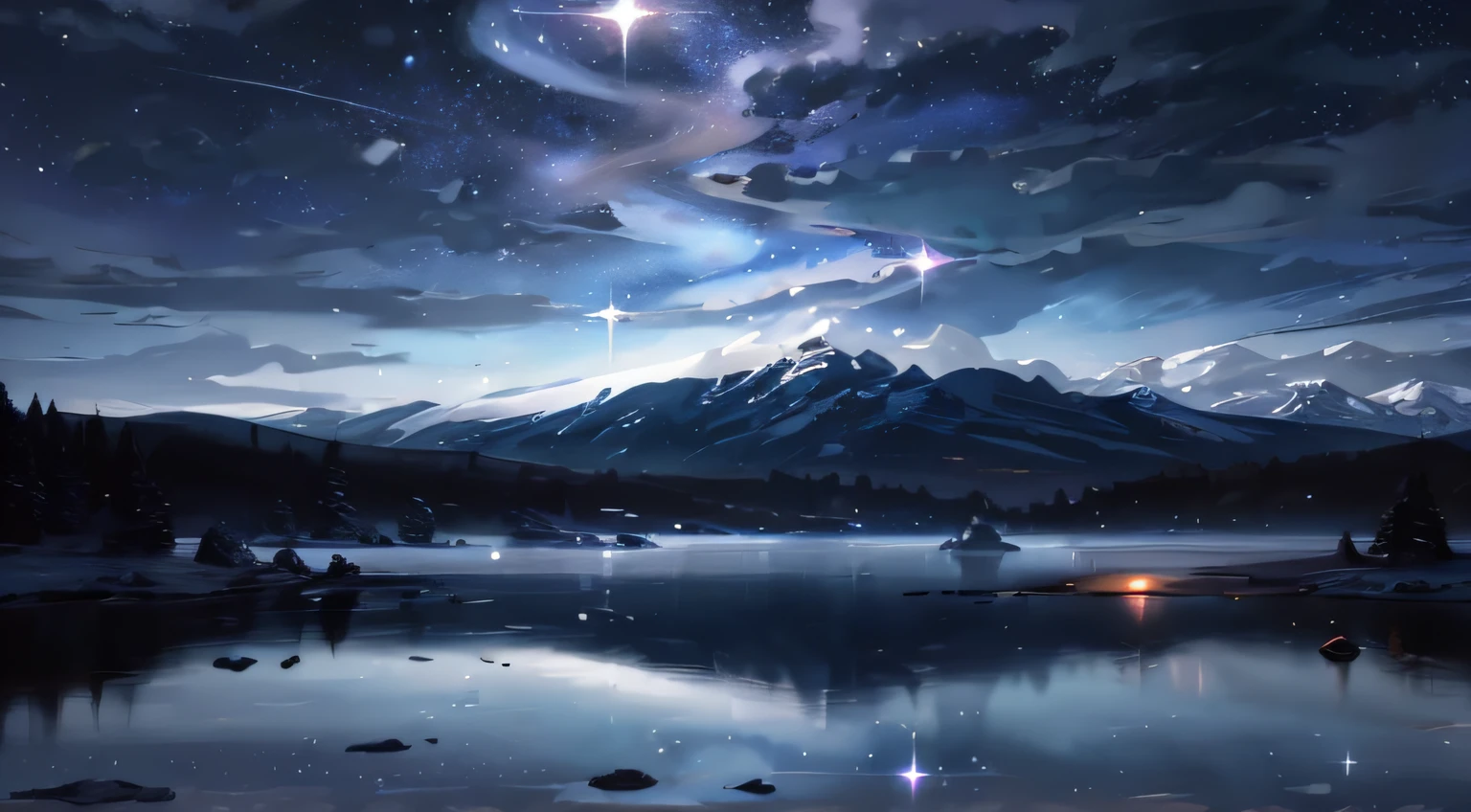 Starry Sky with Mountains and Lake, Jessica Rossier, Inspired by Jessica Rossier, Jessica Rossier Fantasy Art, Concept Art Magic Highlights, Official Artwork, Dream Painting, Ethereal Realm, Atmospheric artwork, dreamy matte paintings, serene endless stars inspired by Ted Nasmith, moonlit starry environments, epic music album covers.