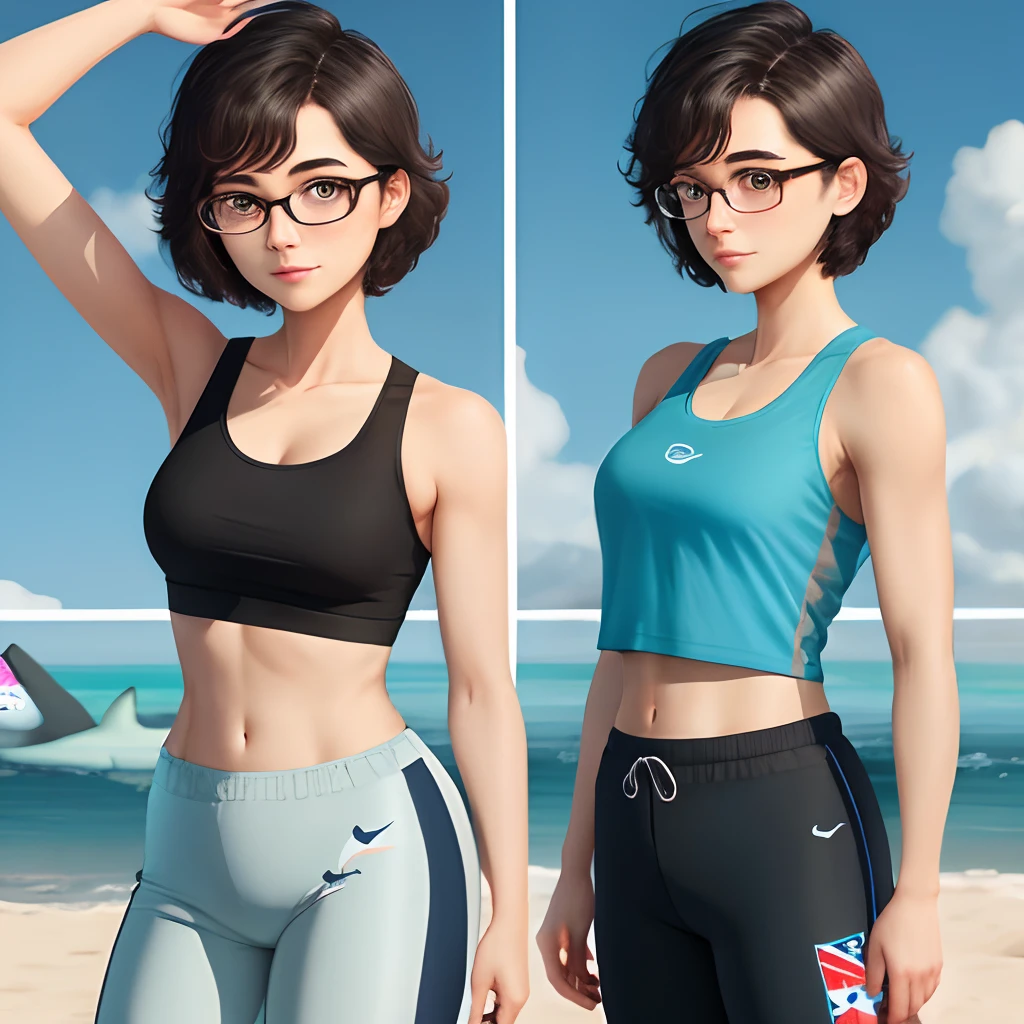 Sport Tank Top,short detailed hair,wears glasses,Shark pants
