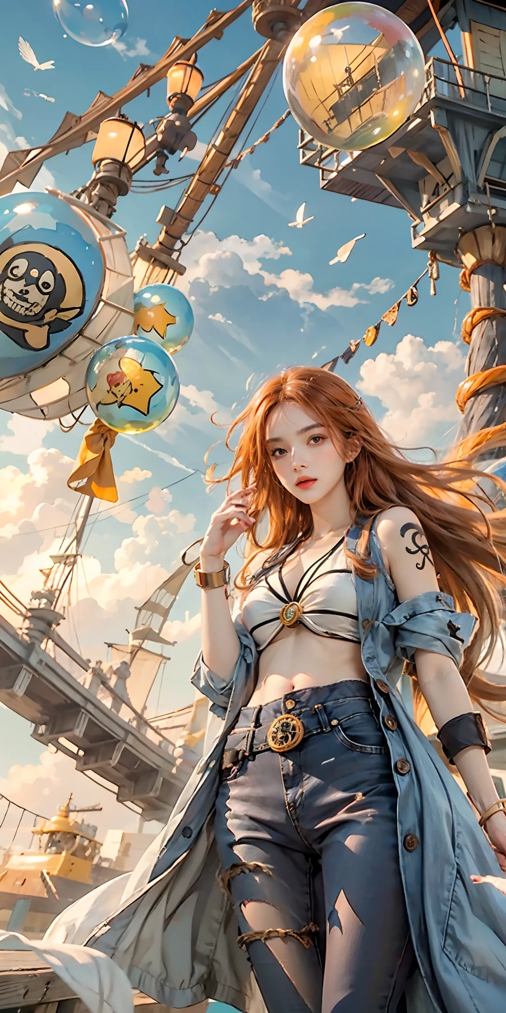 photorealistic, high resolution, soft light,1women, solo, hips up, (detailed face), nami \(one piece\), tattoo, jewelry,long silky orange hair, high nose, sharp eyes, noble and inviolable temperament, (([female]: 1.2 + [beauty]: 1.2 + orange long hair: 1.2)), pirate ship background, (one piece), blue sky, bracelets, bubbles, clouds, denim, pants, shoulder tatto, bright eyes, dynamic angle and posture