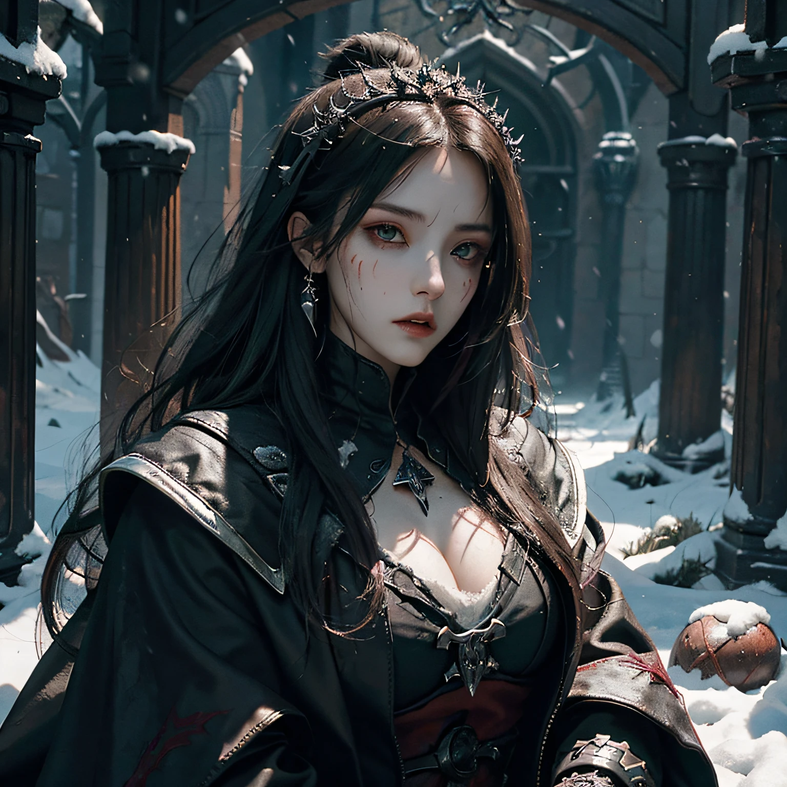a close up of a demonic looking female hidden blade , alucard, Snow Angel, castlevania, snow + concept art, stained”, bloodborn, castlevania inspired, vampire lord, dark fantasy style art, dark fantasy horror art, dark fantasy artwork, female vampire of clan banu haqim, blood on his face, bloodborne art,4k, assassin's creed styles, eyeball red,cross bracelet,long hair bun,face tilted,upper body,B cup,hand on chin