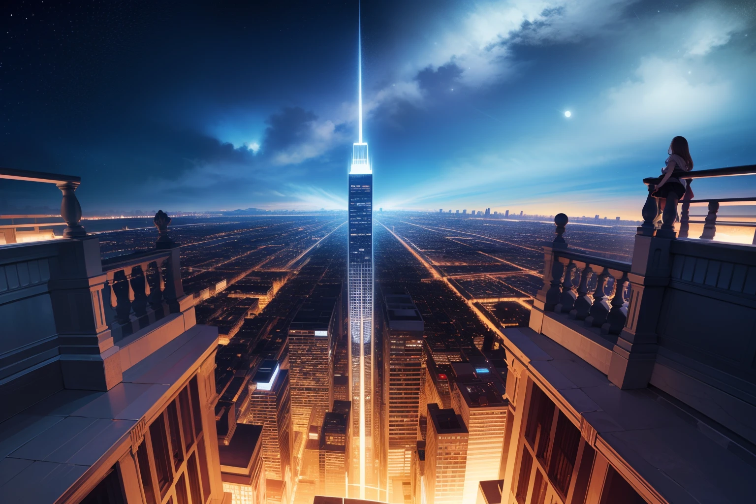 ultra quality, ultla highres, hyper detailed, high contrast, super fine illustration, creative refinement, Starry sky, cityscape, view from the top of the stairs, distant view