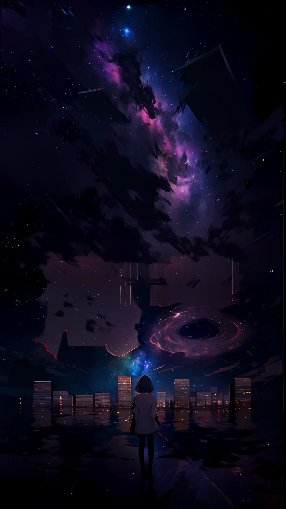 Brilliant starry sky, nebula,1 girl's back,Looking Up The Sky, masterpiece, super detailed, epic composition, highest quality, 4K
