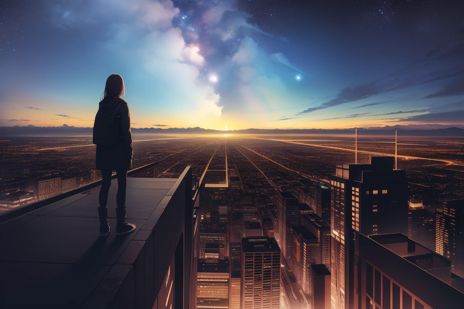ultra quality, ultla highres, hyper detailed, high contrast, super fine illustration, creative refinement, Starry sky, cityscape, view from the top of the stairs, distant view