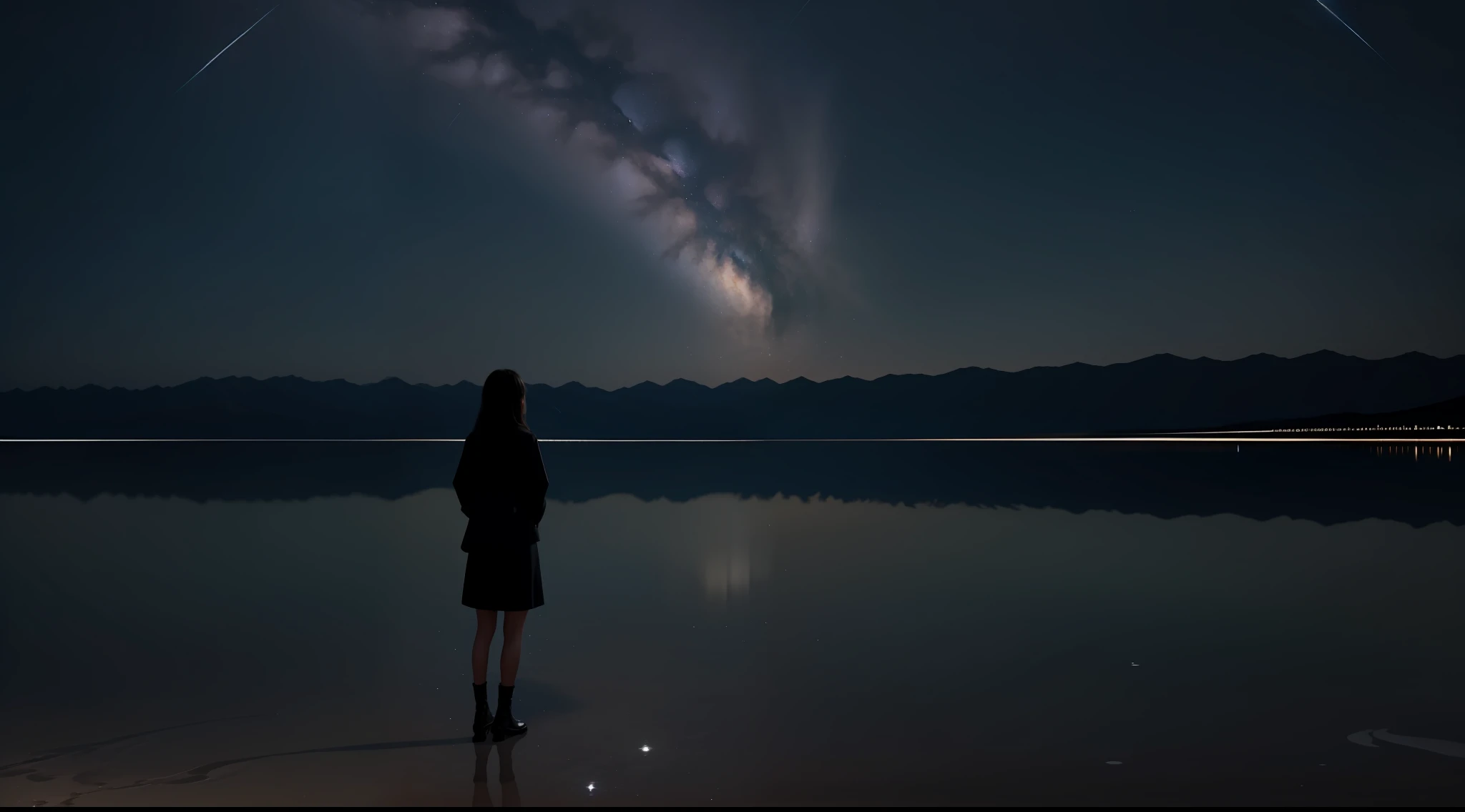 ((Long-range shots))the night, A woman who is,Gaze at the stars 。Standing in the middle of the salt lake,The surface of the water is like a mirror,Reflecting the sky。