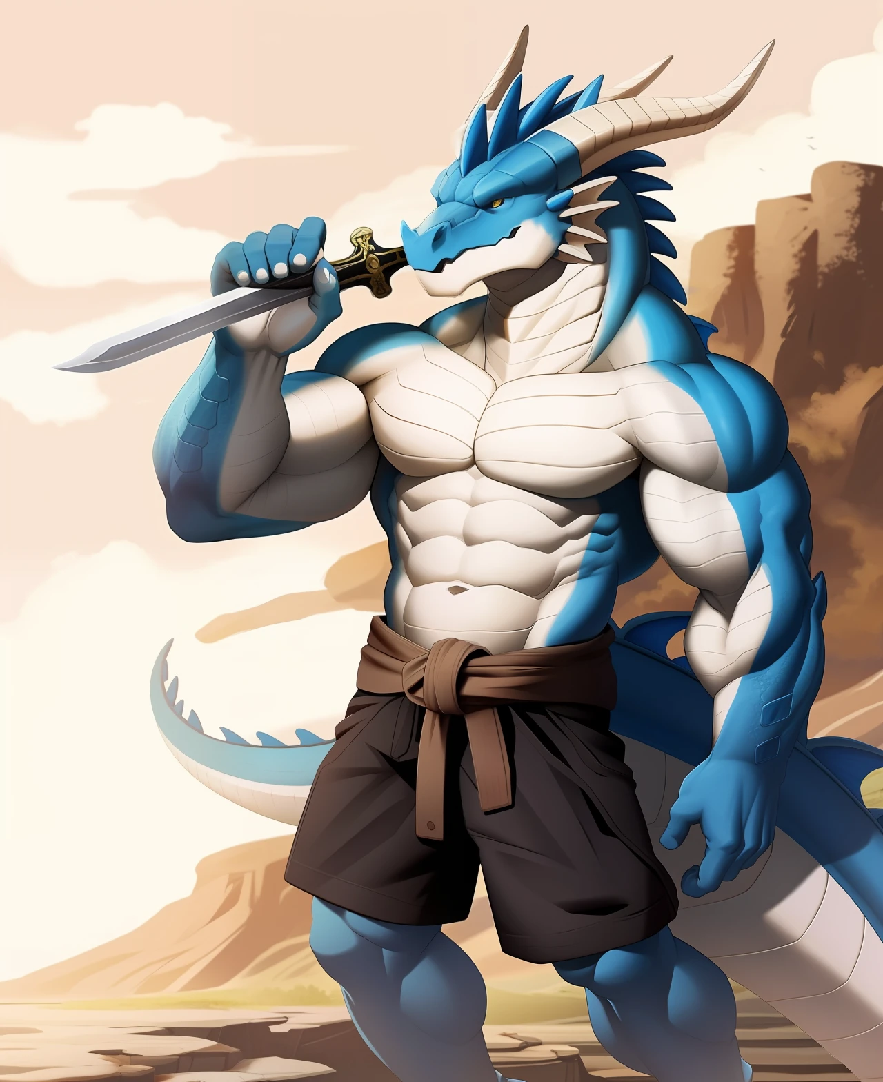 There is a human dragon with a sword,young male anthro dragon, Fine scale texture,Hair muscles,being thin,as an anthropomorphic dragon, but as an anthropomorphic dragon, Background western plateau,Males fuse with dragons, anthro dragon art,