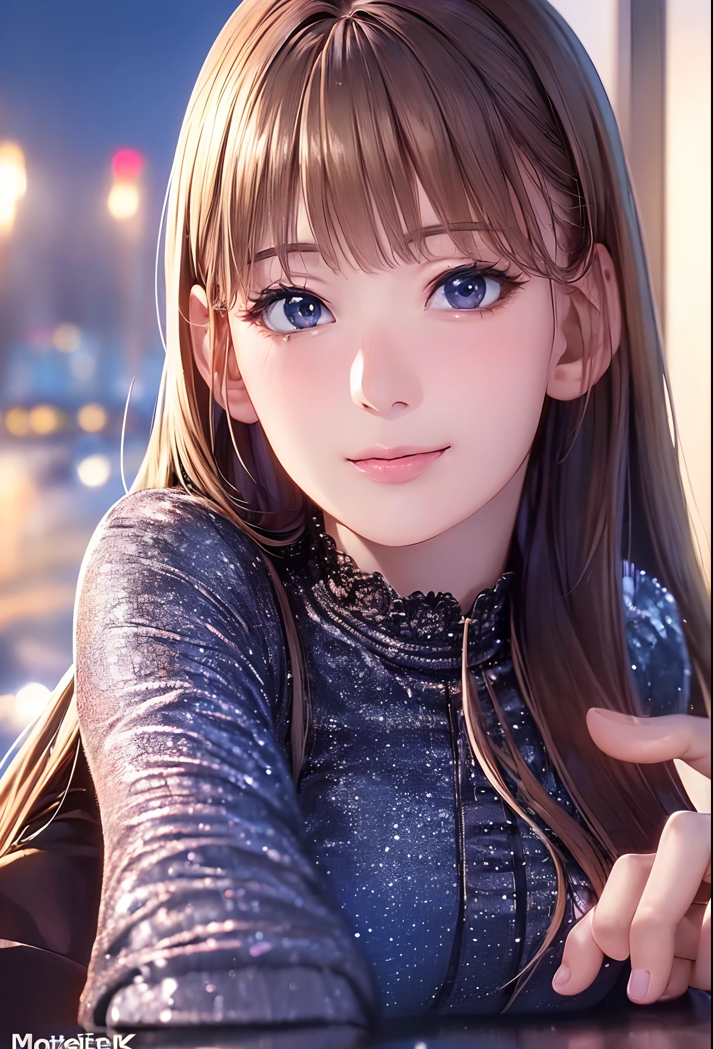 (8K, Best Quality, masutepiece:1.2), (Realistic, Photorealsitic:1.37), Ultra-detailed, 1 girl,Cute, Solo,Midnight,Beautiful detailed sky,Detailed Cafe,Sitting,Dating,(nose blush),(Smile:1.15),(Closed mouth) Small breasts,Beautiful detailed eyes,Floating Hair NovaFrogStyle,Pink dress