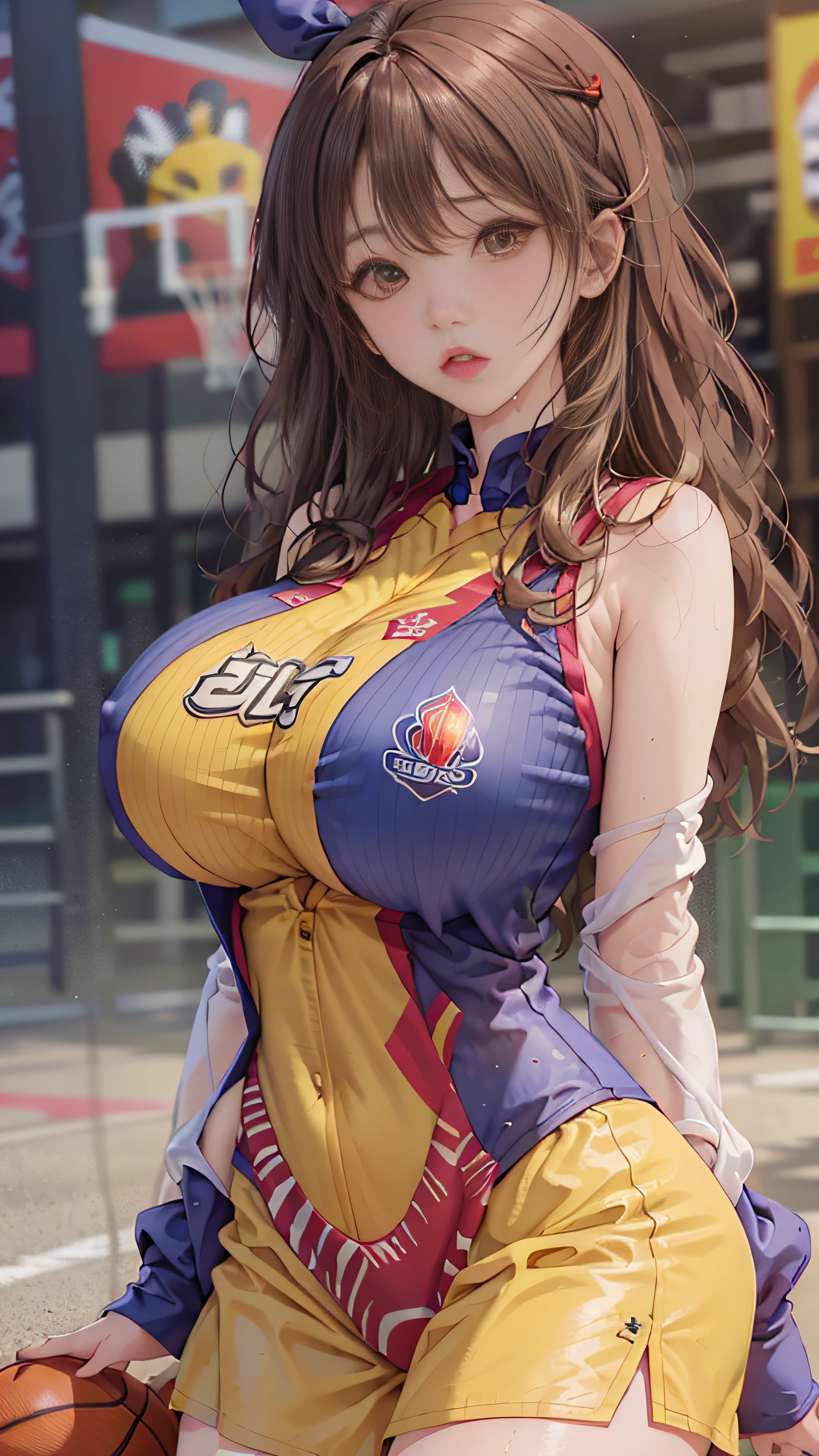 Super beautiful shining eyes、masterpiece:1.2、top-quality)、realisitic、(Real image、Rich detail details、depth of fields)、(1girl in、独奏)、make - up、Cleft lips、High Details、perfect face shape、(huge tit:1.4)、(Skindentation)、thick thight、Wide buttock、big breasts thin waist、A tall、The corals、red-lips、red eyes、poneyTail、((((basketball girl、Transparent yellow basketball suit))))、(perspiring:1.2)、(wet)、A sexy、red blush、perspiring