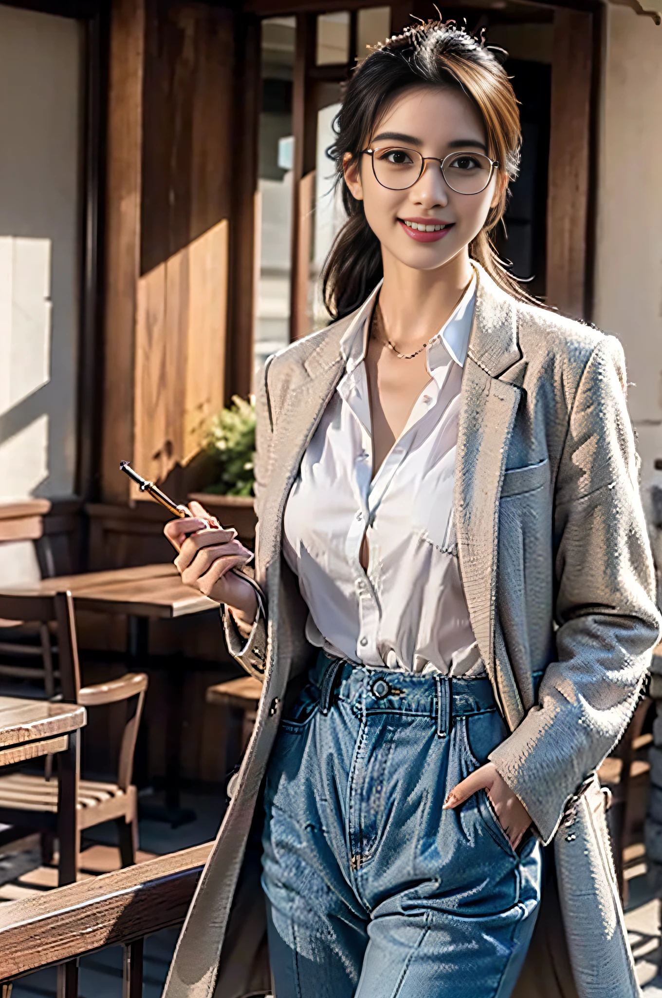 (masterpiece:1.2), (photorealistic:1.2), (best quality),((realistic:1.3)), (detailed skin:1.3), (intricate details), dramatic, ray tracing,finely detailed, quality,realistic lighting,
smile,large breasts,1girl,tashigi, black eyes, glasses, eyewear on head,hair slicked back, pink coat, coat on shoulders, open shirt, blue pants, cigar,cowboy shot, (bright night,cafe,pose)
