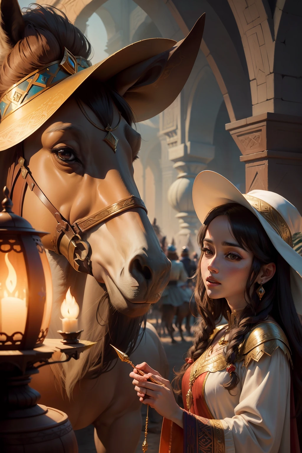 Arabian fairy tale. 1200s. 1001 nights, Fun fantasy, A variety of fairy-tale characters, fakirs, Musicians, Donkeys, Camels in antique clothes and hats, Close-up full-length portrait in Disney Pixar style Super realistic cinematic, high detail, Asian blurred fantasy background, 8K